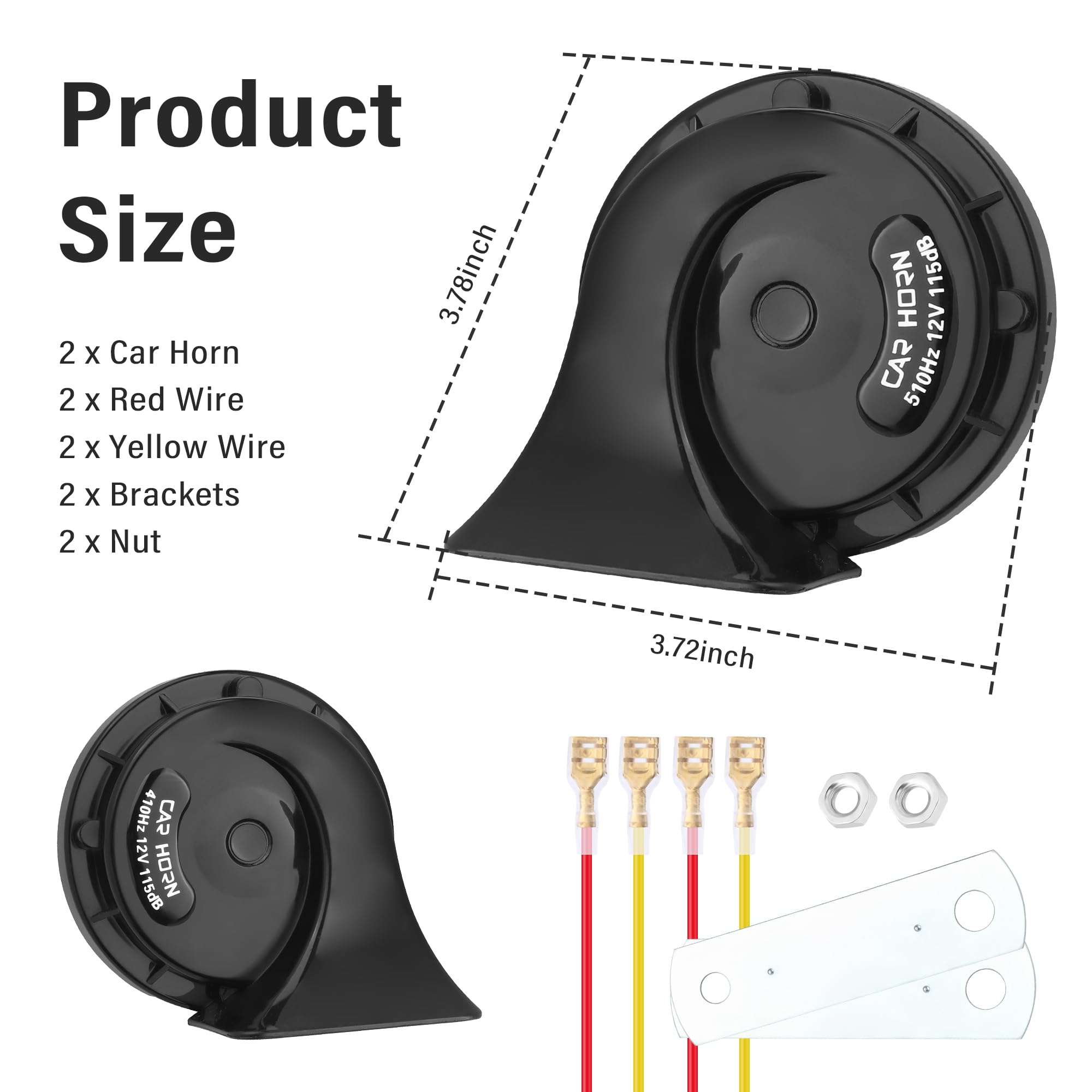 2PCS Super Loud 105-115dB Car Horn Kit with Wires, Brackets & Nuts - Universal Waterproof 12V Electric Horn Replacement for Cars, Trucks, SUVs (Black) - Perfect for Damaged Horn Repair & Vehicle Safety Upgrades