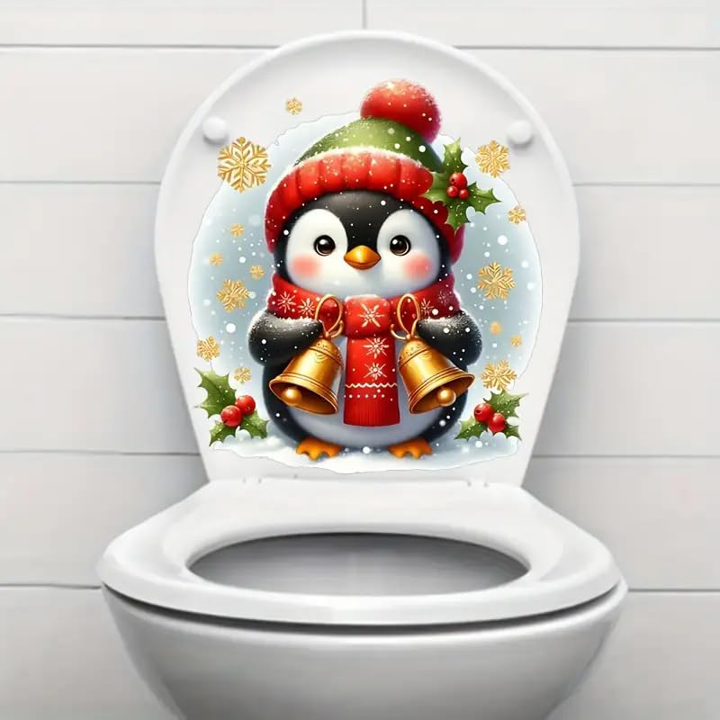Christmas Penguin Bell Toilet Cover Stickers - Waterproof Self-Adhesive Bathroom Decals for Toilet Lid, Tank & Wall Decor - Fish, Bird, Flower & Leaf Designs - Perfect for Holiday Home Decor & Bathroom Renovation
