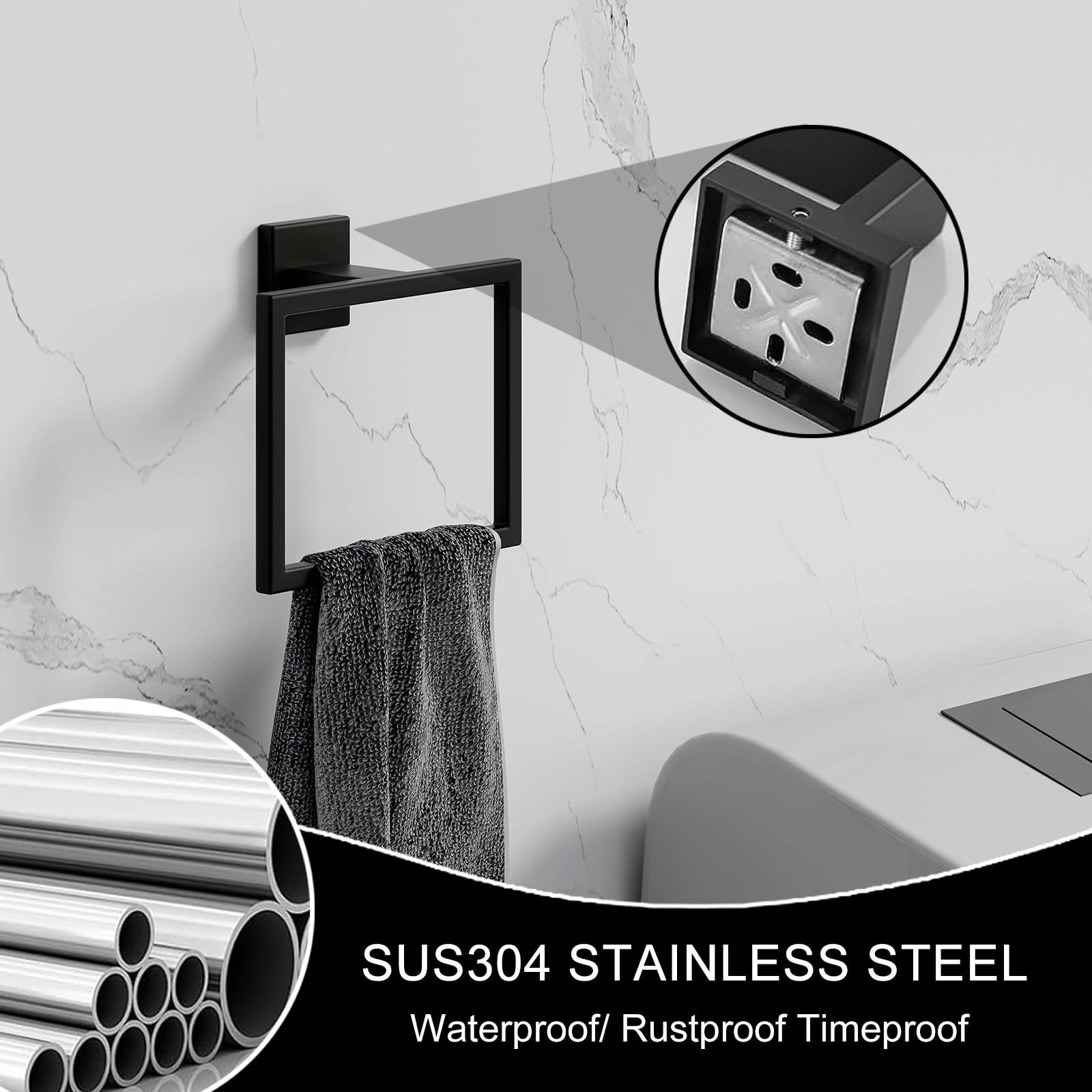Modern Matte Black Towel Ring - SUS304 Stainless Steel Wall Mounted Bathroom Towel Holder - Durable Hand Towel Hanger for Bathroom, Kitchen & Powder Room - Perfect for Guest Bathrooms & Spa Style Decor