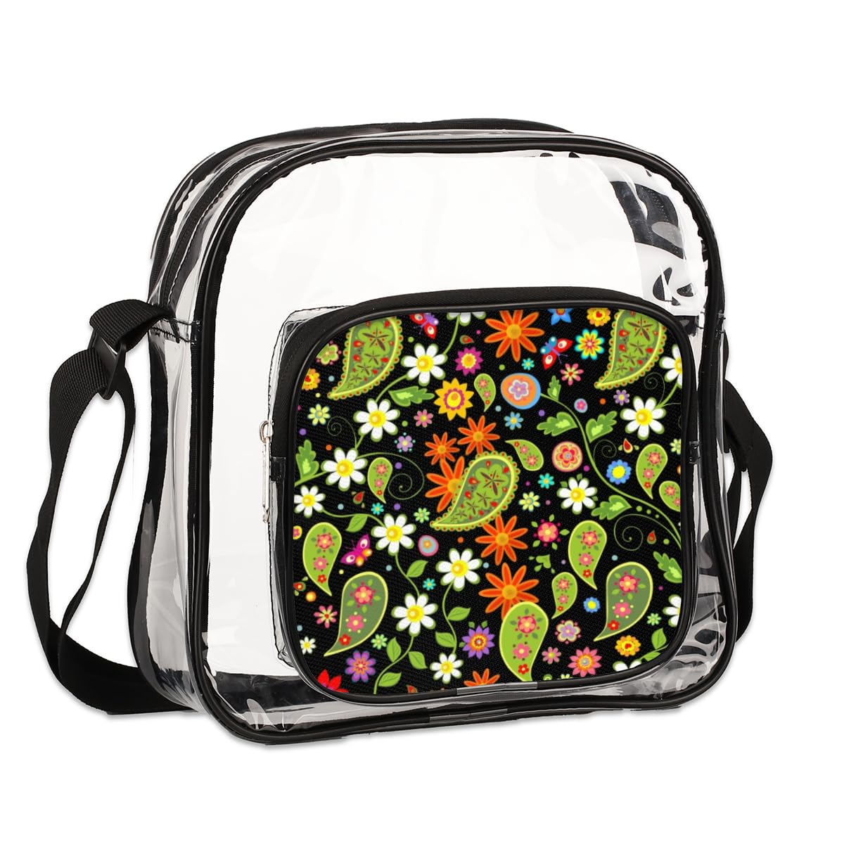 Mularoka Paisley Print Clear Crossbody Purse - Stadium Approved Transparent Bag for Women & Men - Fashionable Green Paisley Design for Concerts, Festivals & Sports Events - Perfect for Music Festivals, NFL Games & Theme Parks