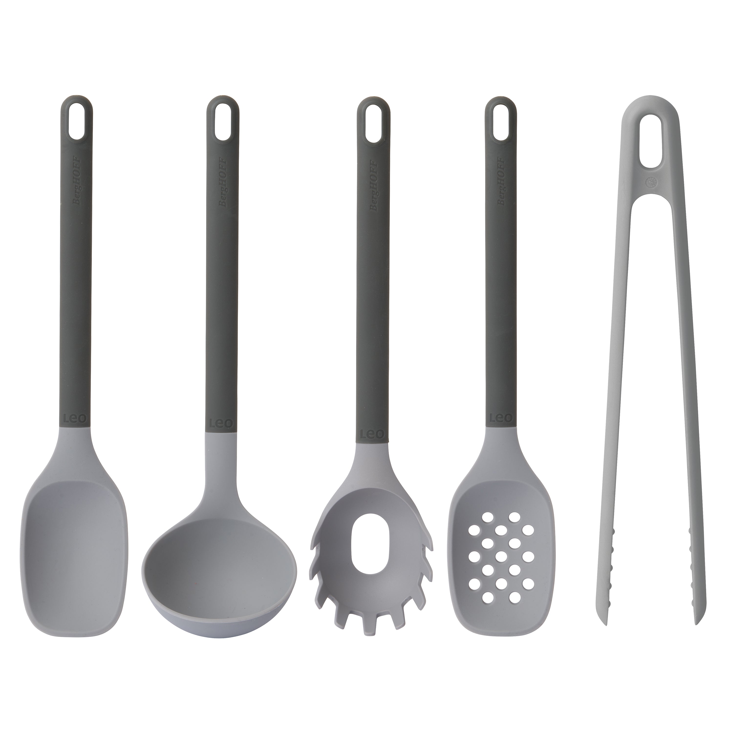 BergHOFF Leo 5-Piece Nonstick Silicone Kitchen Utensil Set - Heat Resistant, BPA-Free Cooking Tools with Ergonomic Handles for Baking, Frying & Stirring (Grey) - Perfect for Nonstick Cookware & Everyday Cooking