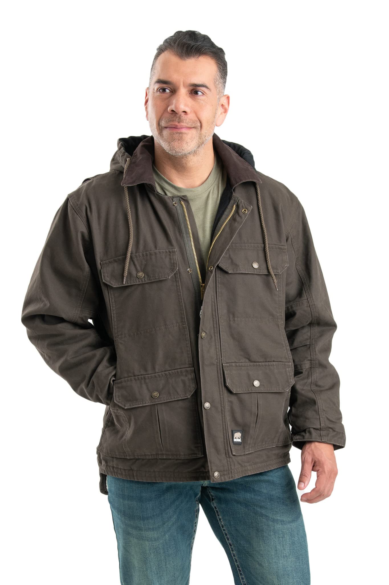 Berne Men's Heartland Washed Duck Zip-Off Hooded Work Jacket - Durable Water-Resistant Coat for Outdoor Work, Hunting & Cold Weather Protection