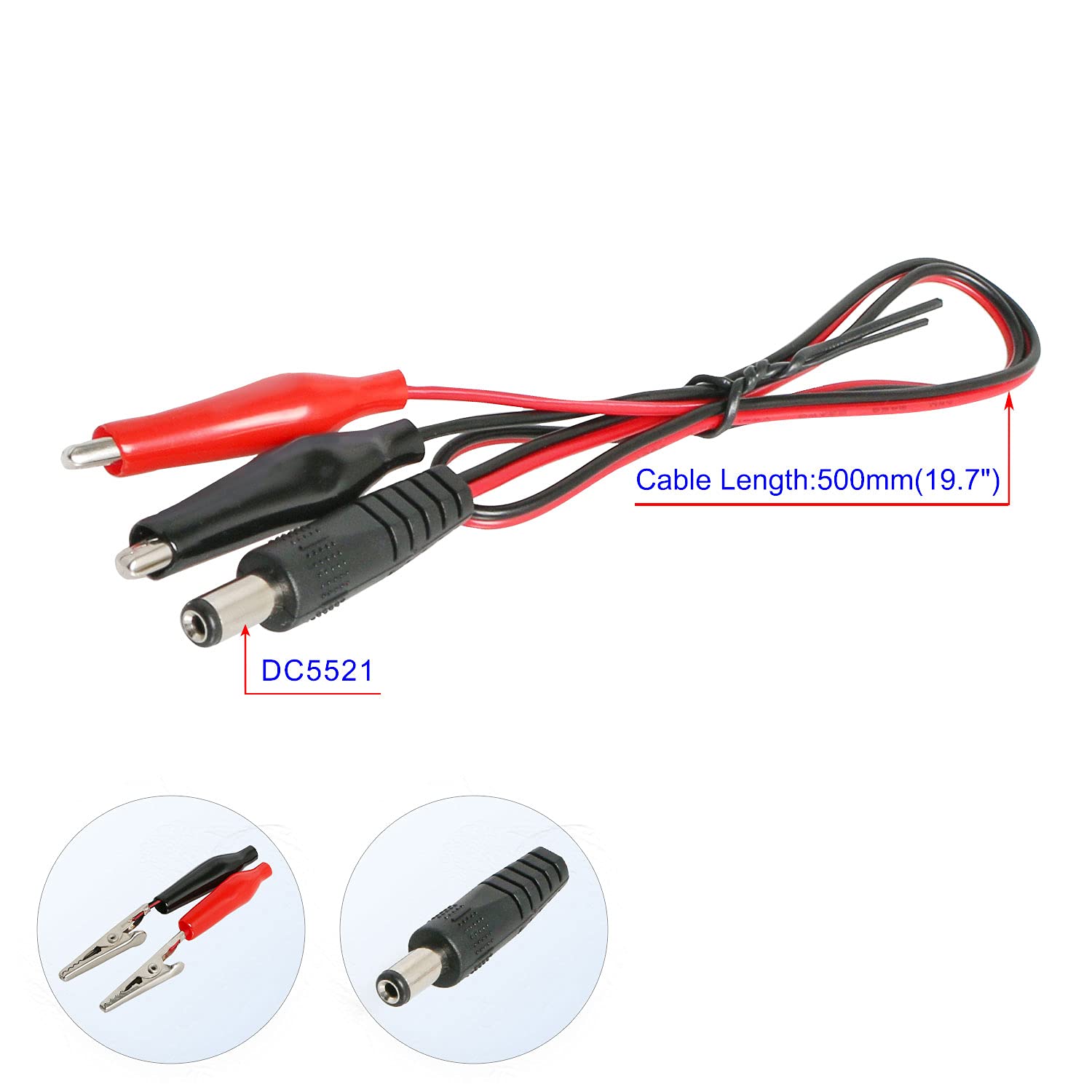 2 Pack 24V/12V 5A DC Power Adapter Cable with Alligator Clips - DC5521 (2.1x5.5mm) Male Connector for CCTV Cameras, LED Lights & Electronics - Perfect for Security Systems & DIY Projects