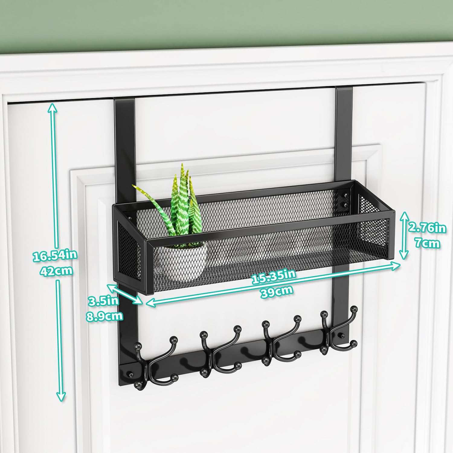 HapiRm Over The Door Hooks - 16 Hooks Stainless Steel Door Organizer for Towels, Coats, Bathroom & Kitchen Storage - Easy Installation with Basket - Black - Perfect for Dorm, Bedroom & Closet Organization