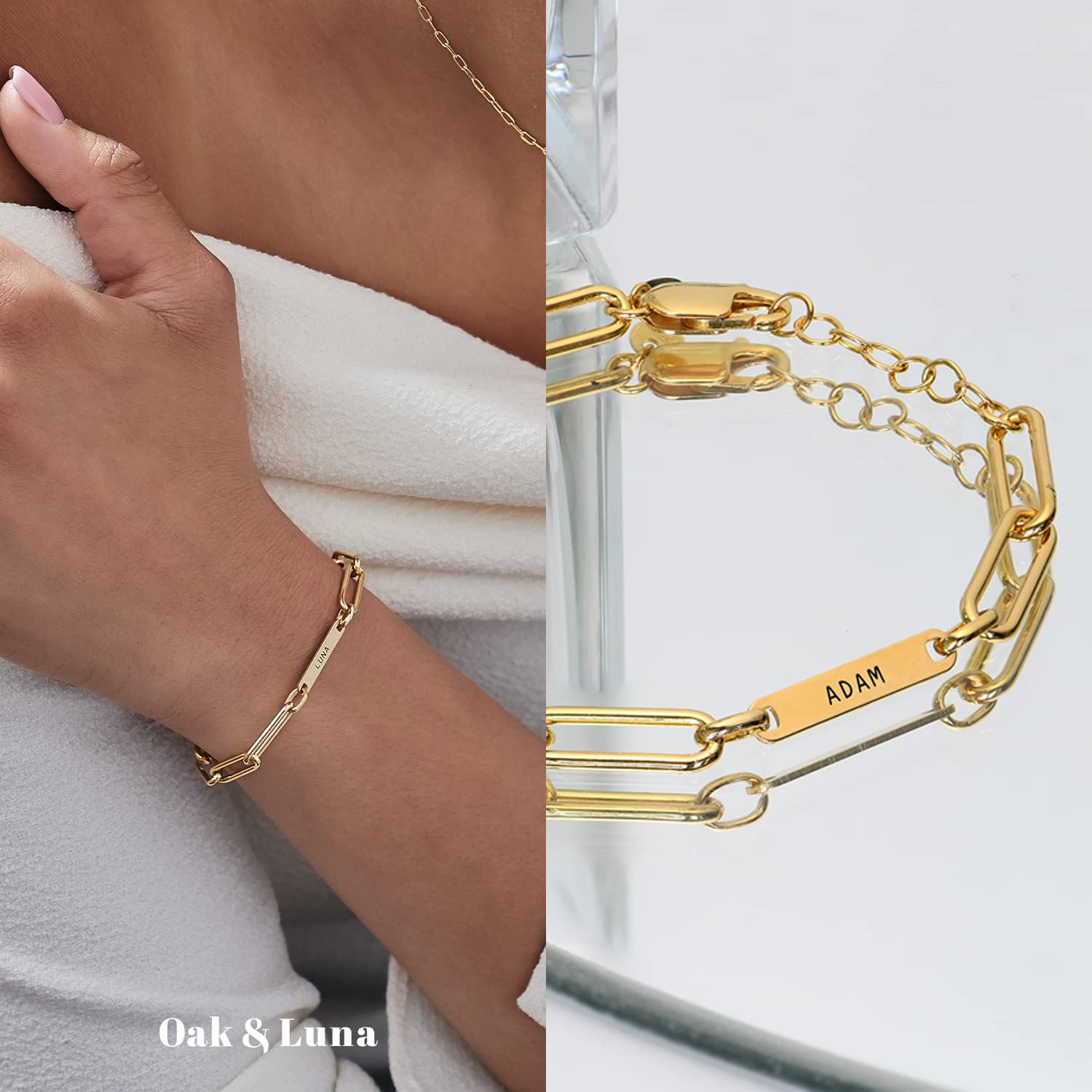OAK & LUNA Personalized Ivy Name Paperclip Chain Bracelet - Custom Engraved Jewelry Gift for Women, Mom, Her - Mother's Day, Christmas, Birthday Present - Perfect for Everyday Wear, Date Nights & Special Occasions