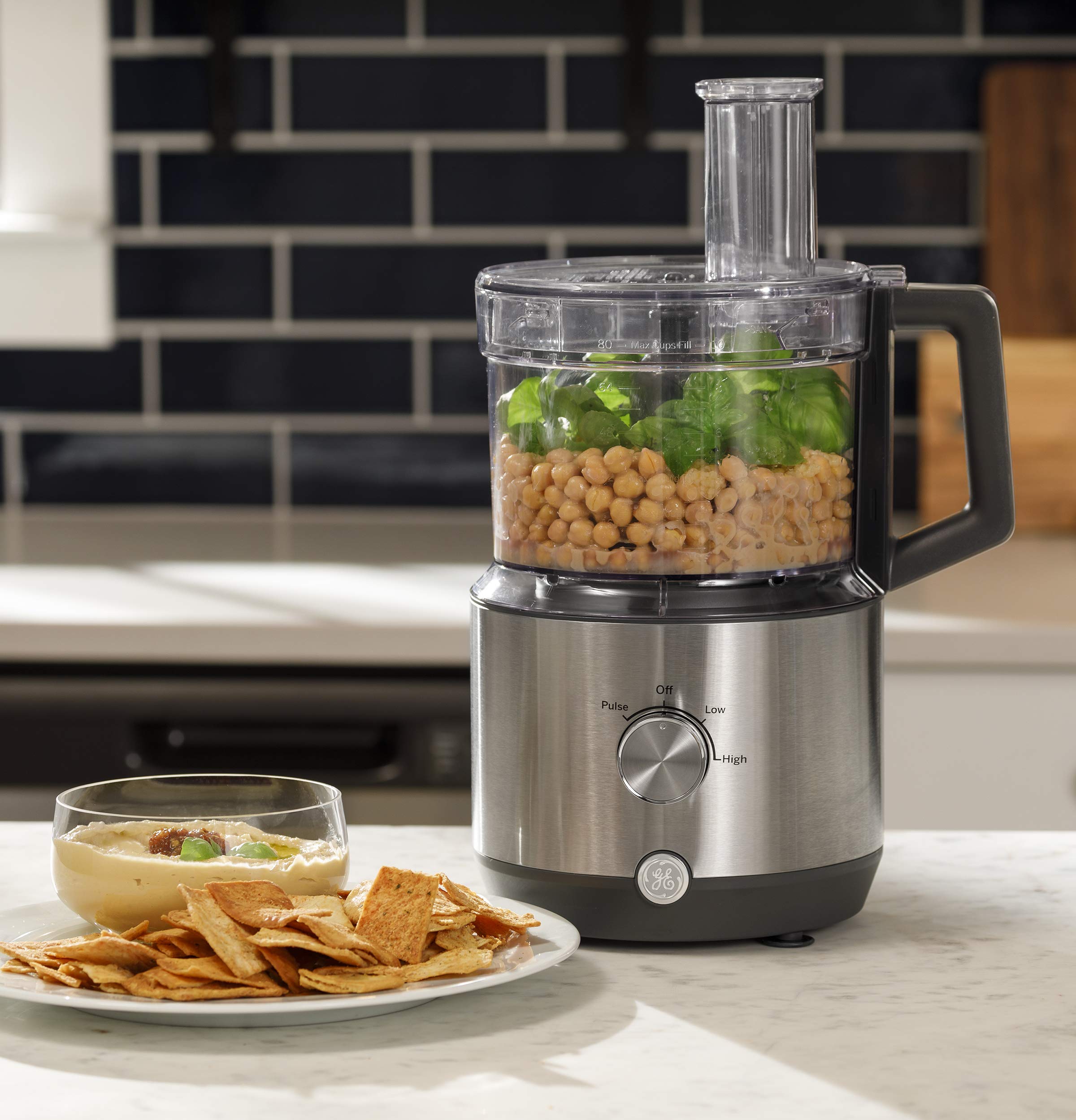 GE 12-Cup Food Processor with 3 Feeding Tubes & Stainless Steel Accessories - 3 Discs + Dough Blade | 550W 3-Speed Electric Kitchen Appliance | Perfect for Shredding Cheese, Chopping Vegetables, Kneading Dough | Ideal for Meal Prep, Baking & Cooking | Durable & Powerful Kitchen Essential