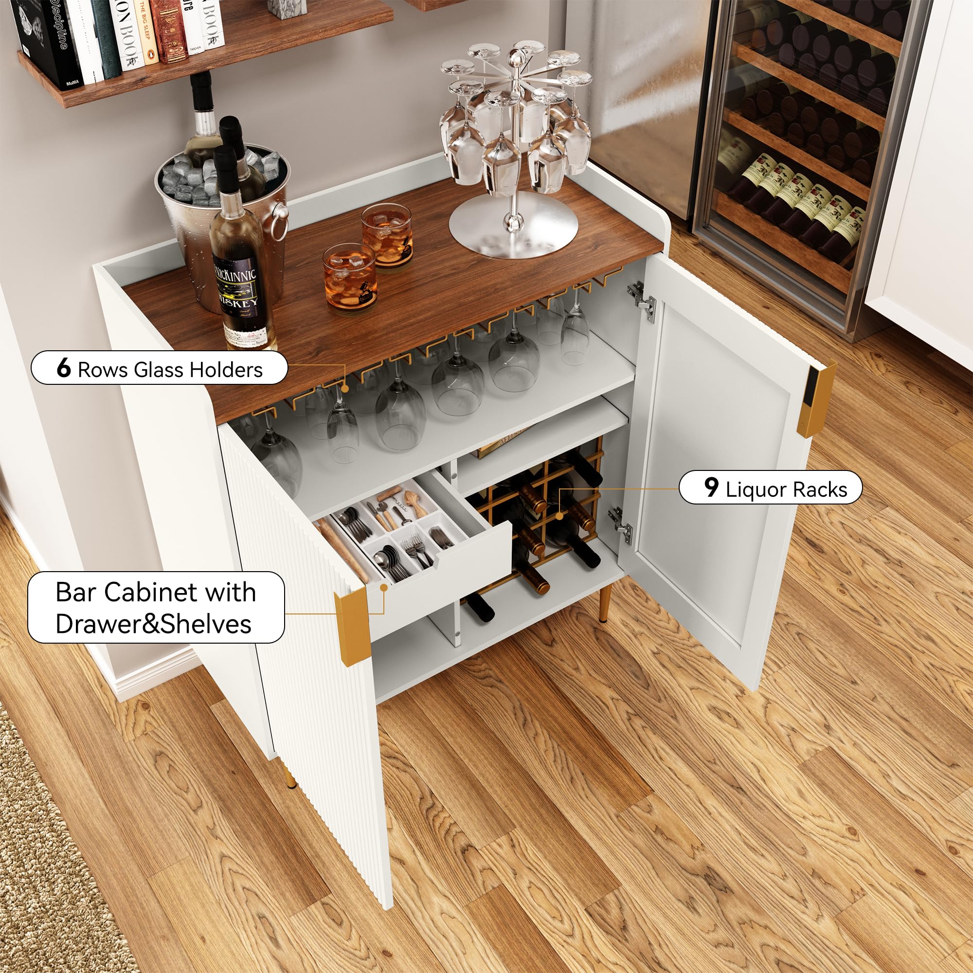 Modern White Wine Bar Cabinet with Fluted Texture - Freestanding Kitchen Buffet Sideboard with Wine Rack & Glass Holder for Dining Room, Living Room | Perfect for Home Entertaining, Wine Storage & Stylish Kitchen Organization