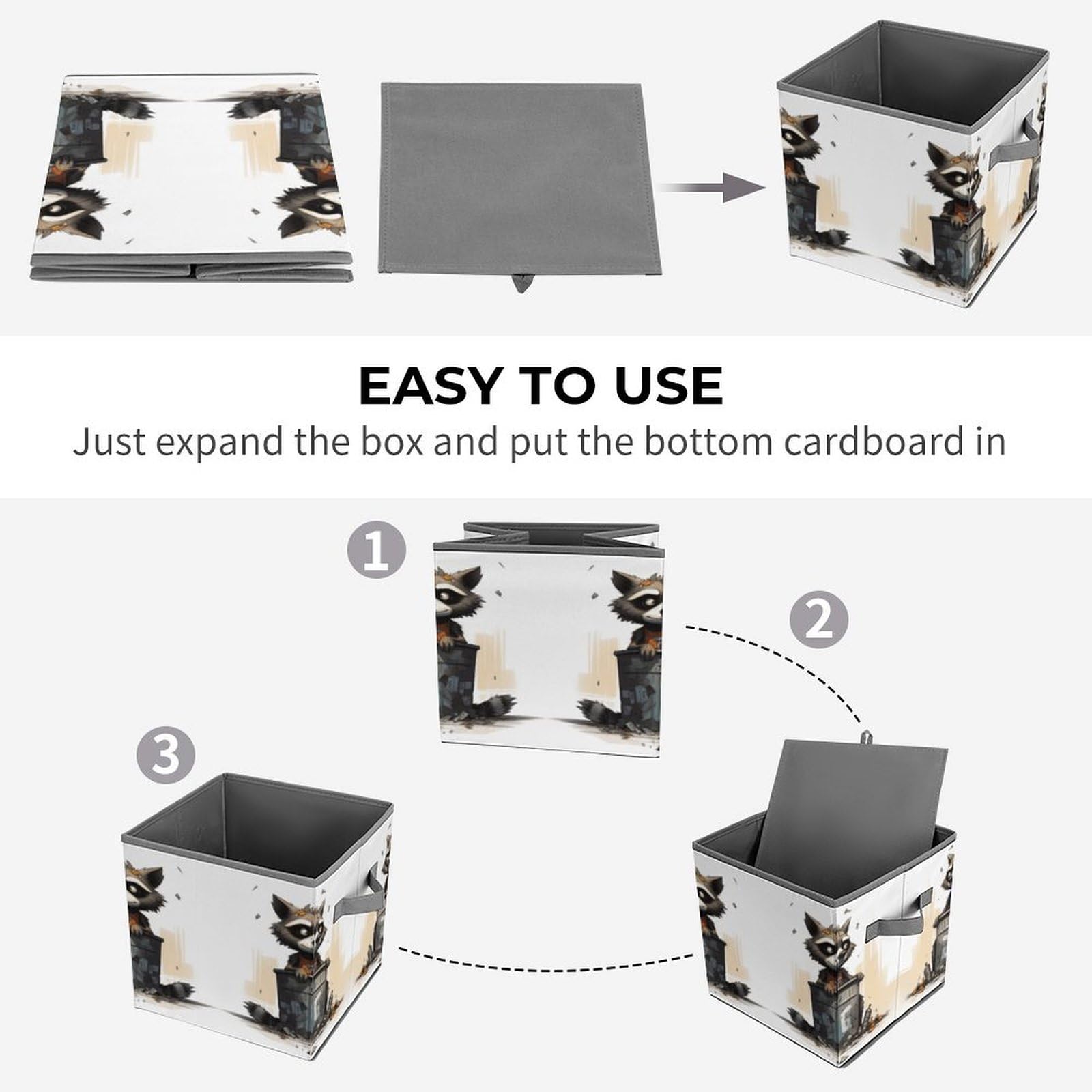 Collapsible Storage Bins with Handles - Raccoon Printed Organizing Baskets for Home & Office