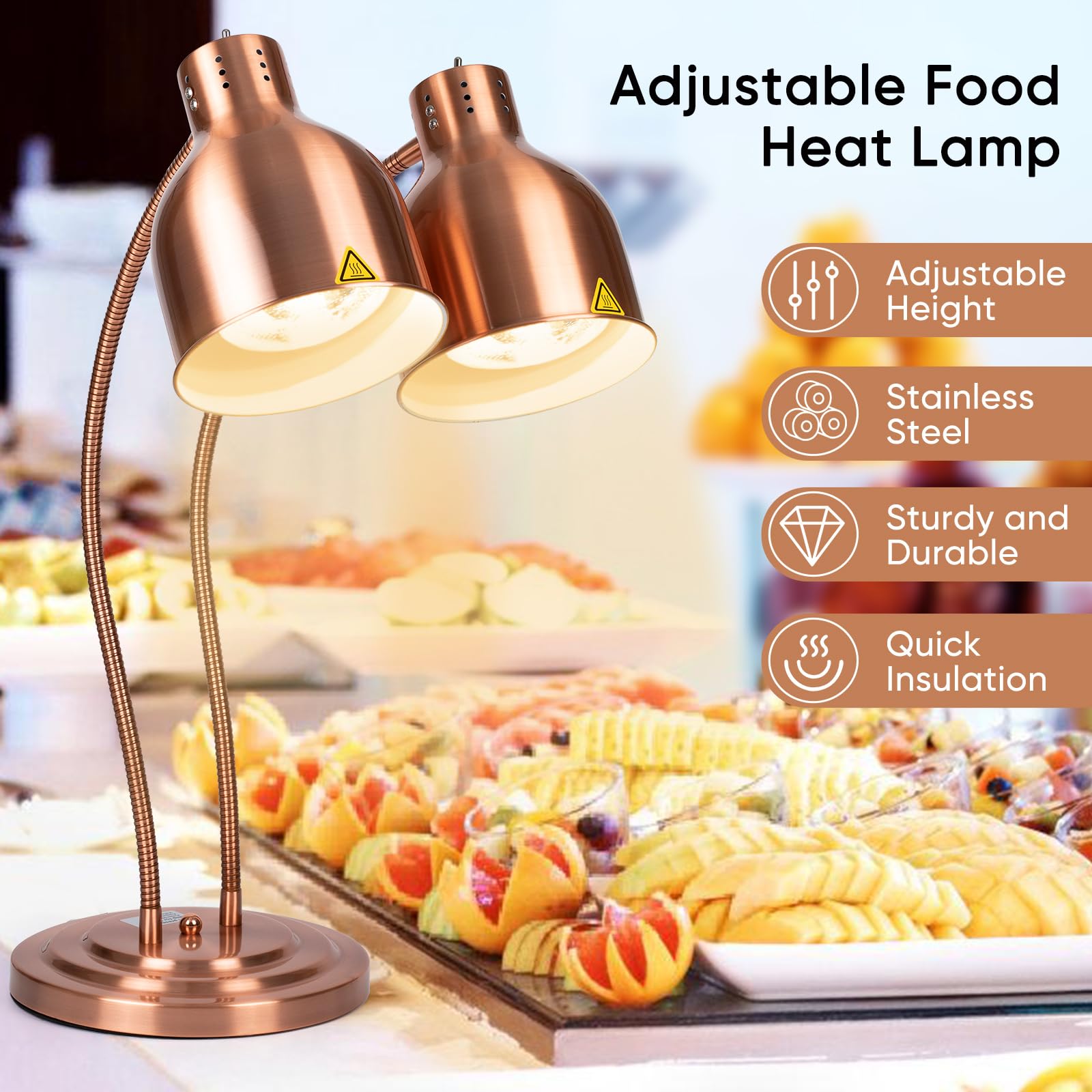 Commercial Food Warming Lamp - Soko Dual 250W Heat Lamp with 360° Adjustable Head for Buffets, Restaurants & Home Kitchens | Rose Gold Food Warmer for Parties, Catering & Food Display