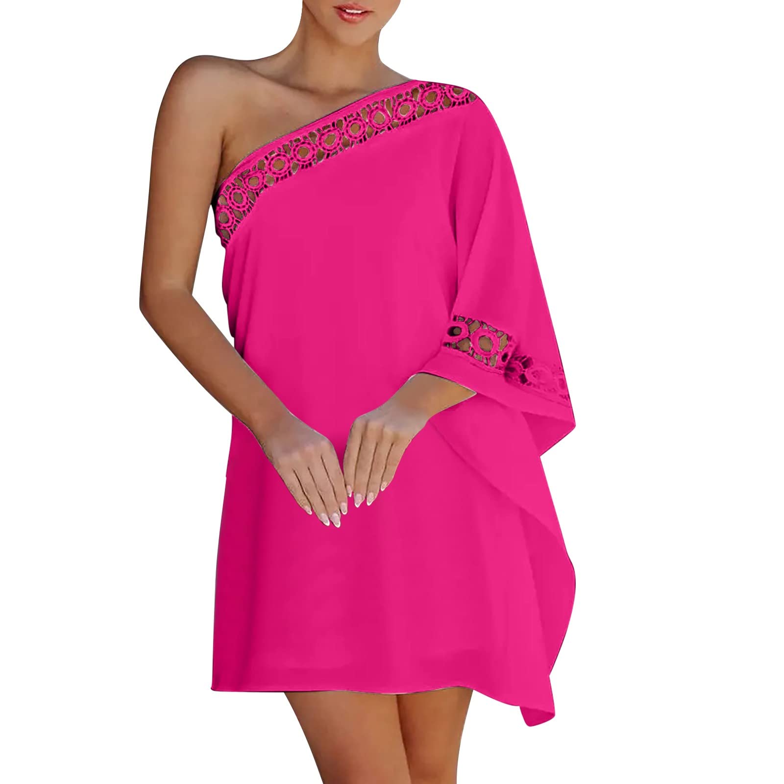 Women's Summer Dresses - One Shoulder Half Bat Sleeve Solid Lace Casual Mini Dress for Beach, Vacation & Outdoor Activities | Loose Fit Sun Dress