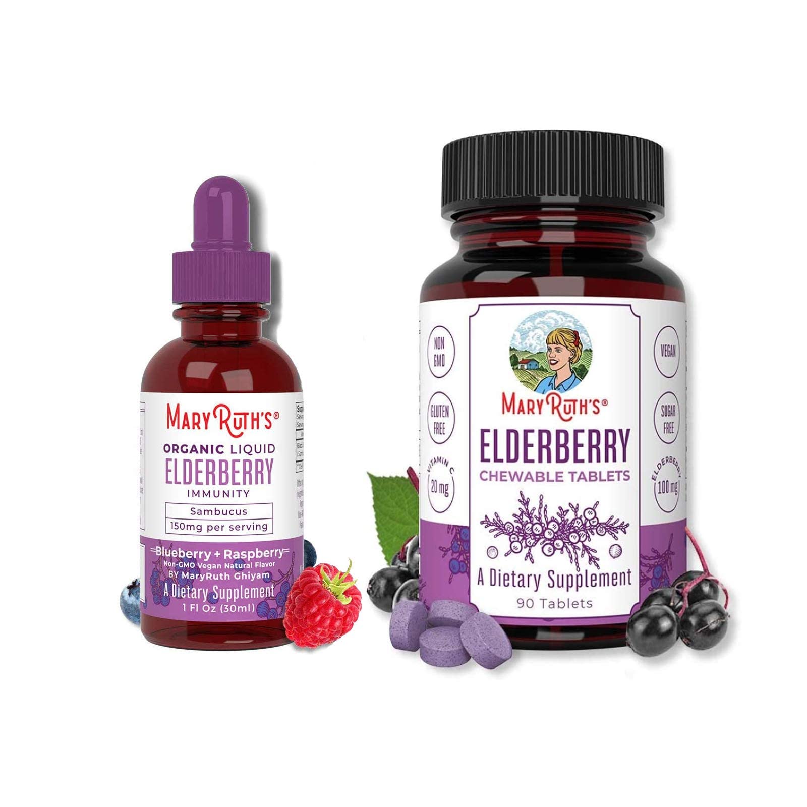 MaryRuth's Elderberry Syrup & Vitamin C Chewable Tablets Bundle - Black Sambucus Immune Support for Kids & Adults (1oz Syrup + 90ct Tablets) | Daily Immune Booster, Cold & Flu Season Defense, Family Wellness Supplement