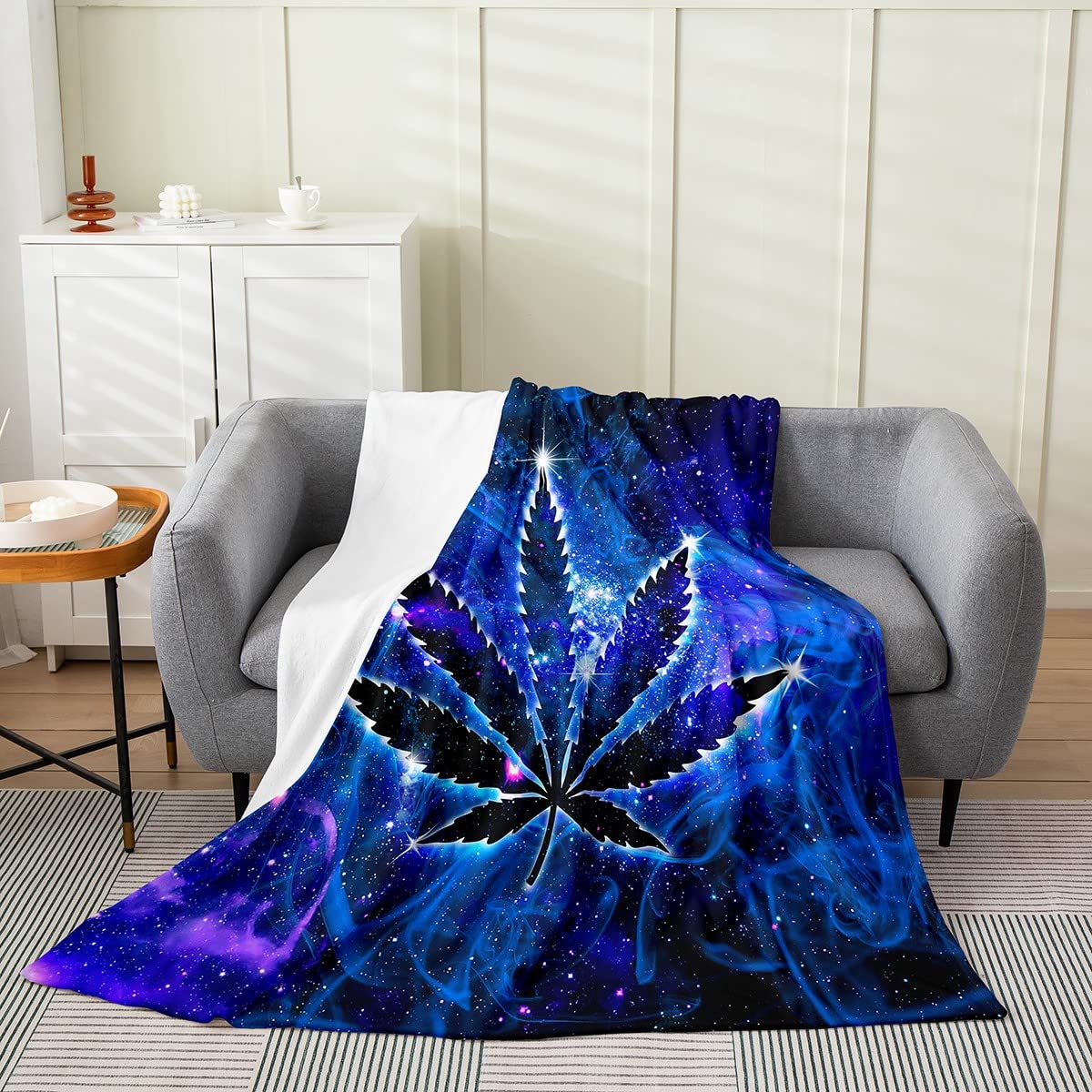 **Premium Cannabis Leaf Flannel Blanket - Blue Starry Sky Design, Lightweight & Ultra Soft Fleece Throw - Cozy Luxury Weed Fuzzy Blanket for All Seasons - Perfect for Sofa, Bedroom, Camping & Gifts (30