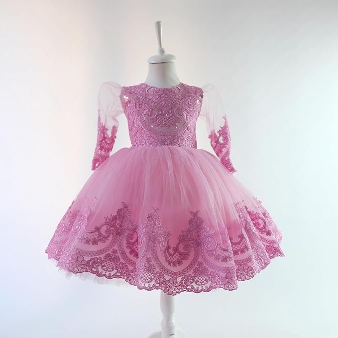 Pink Lace Baby Girl Tutu Dress with Bowknot & Feather Flower - Long Sleeve Toddler Party Outfit for Christmas, Birthday & Special Occasions - US Size 5 Years - Perfect for Flower Girls, Pageants & Holiday Photos