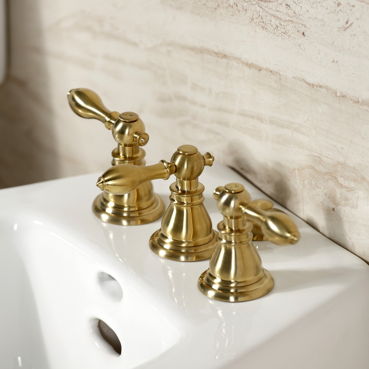 KB327ACL Brushed Brass 3-Handle Deck Mount Bidet Faucet with Vertical Spray & Brass Pop-Up - Perfect for Modern Bathrooms, Powder Rooms & Luxury Home Upgrades