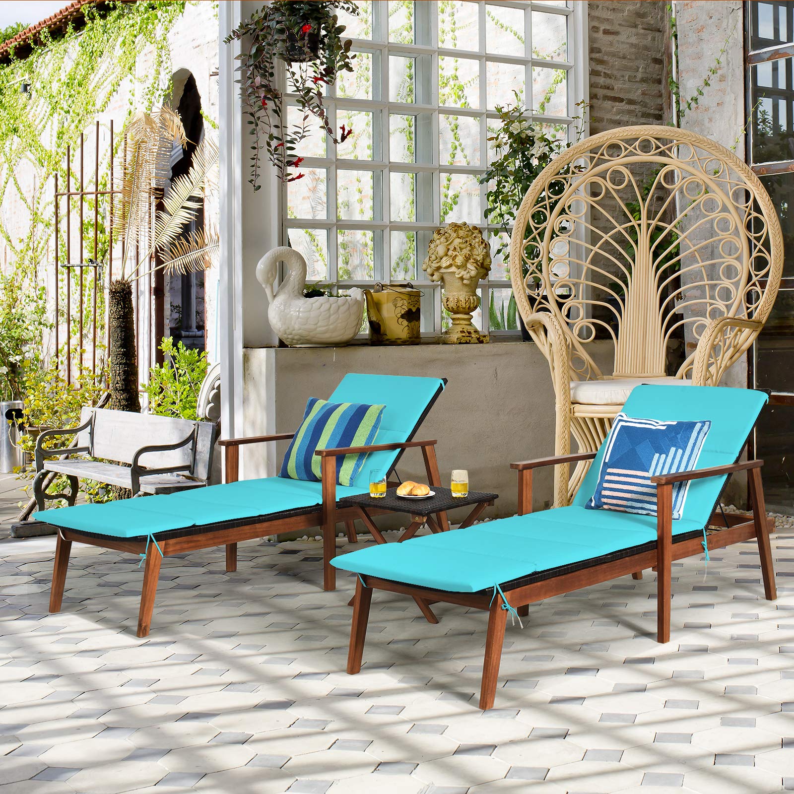 Tangkula 3-Piece Patio Chaise Lounge Set - Acacia Wood Outdoor Reclining Chairs with Adjustable Back (4 Positions), Folding Side Table & Cushions - Rattan Furniture for Poolside, Backyard, Garden, or Beach (Turquoise)