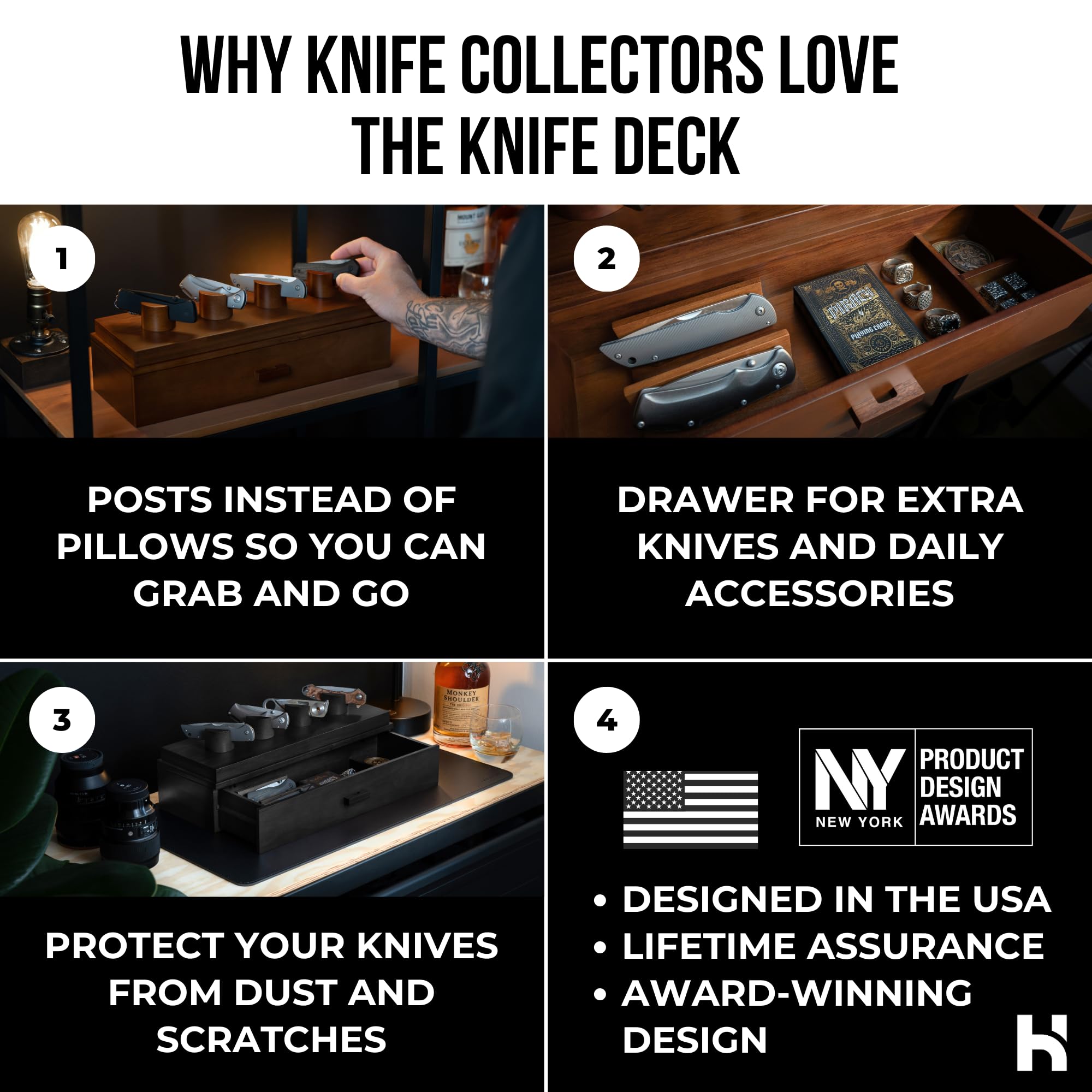 Premium Knife Deck – 6-Pocket Wooden Knife Display Case with Accessory Drawer | Perfect Knife Organizer & Collector's Gift for Men | Lifetime Warranty | Ideal for Home, Office, or Camping Use