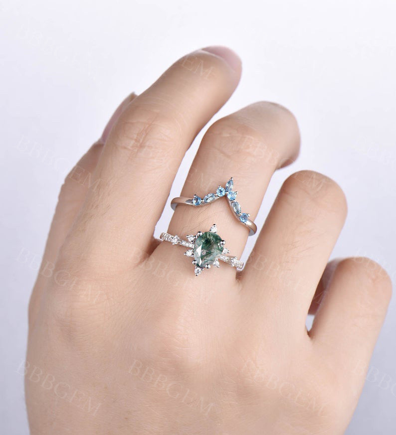 0.8CT Teardrop Moss Agate Engagement Ring with Blue Topaz Stacking Band - Elegant Wedding, Promise & Anniversary Jewelry Gift for Her - Perfect for Proposals, Bridal Sets & Everyday Wear