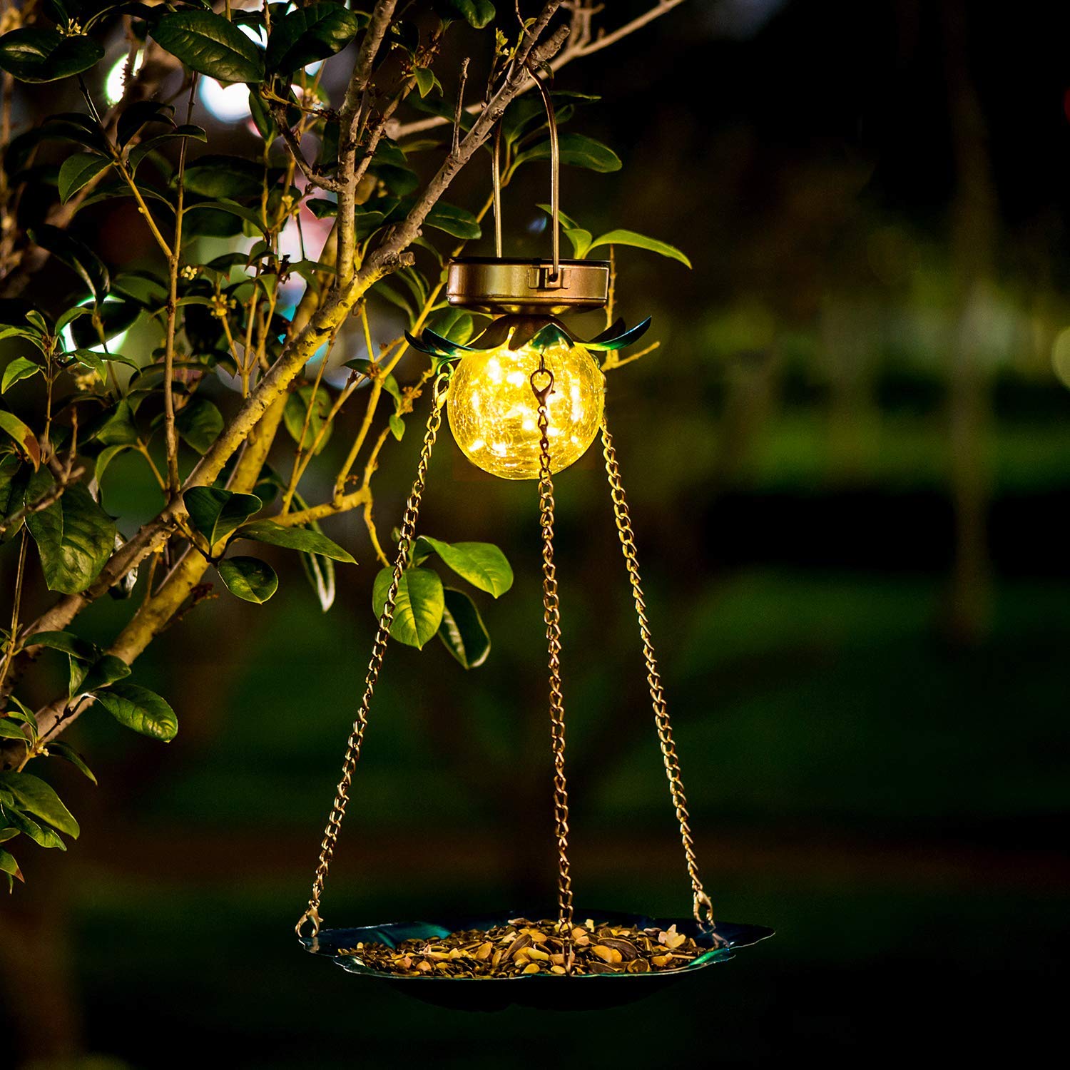 Solar Bird Feeder for Outdoors - Hanging Metal Wild Bird Feeder with Crackle Glass Ball Lights, Waterproof Garden Decor - Perfect Gift for Bird Lovers (Ideal for Backyard, Patio, and Garden Decoration)