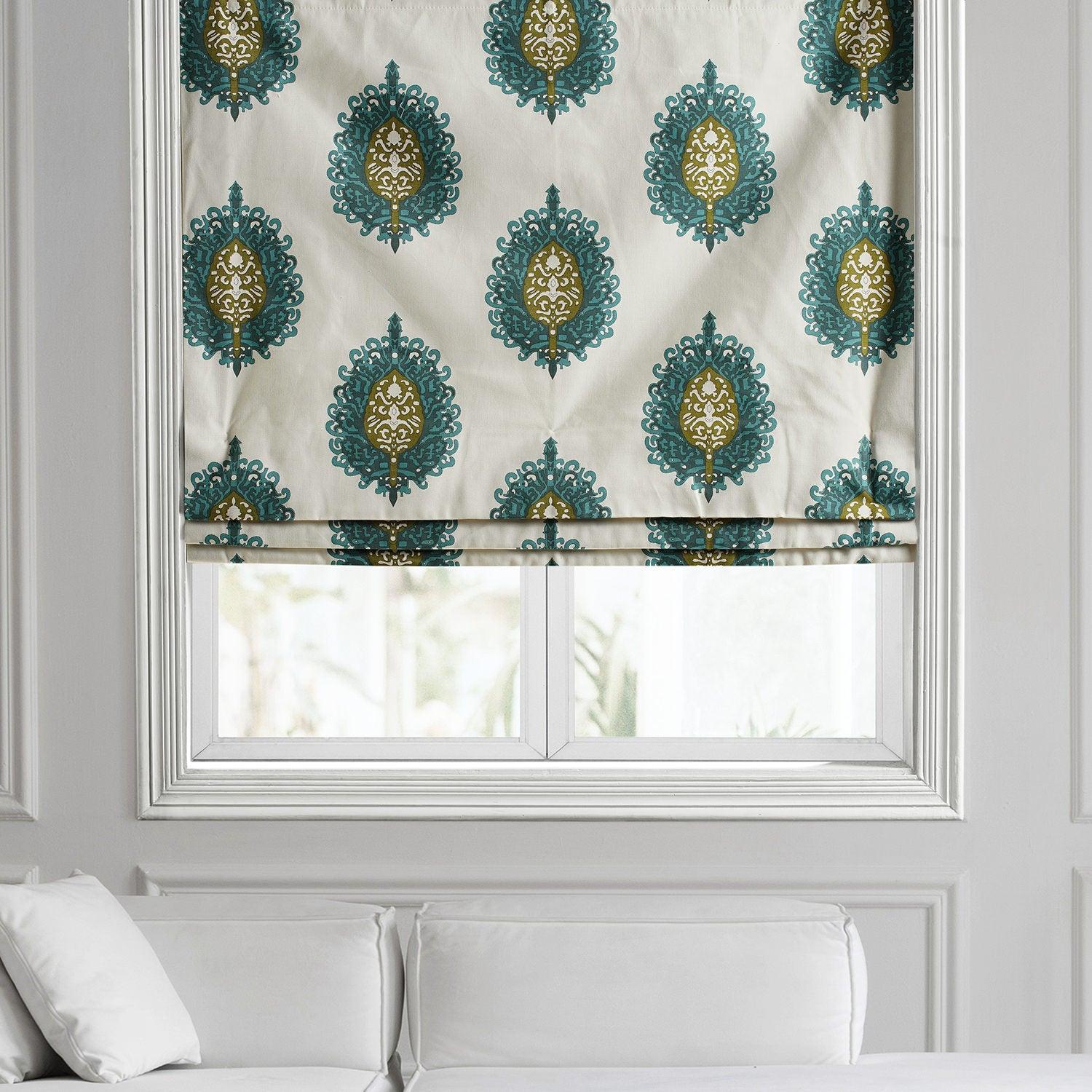 Mayan Teal Emblem Printed Cotton Roman Shade - Handmade Window Treatment for Living Room, Bedroom & Office | Light Filtering & UV Protection