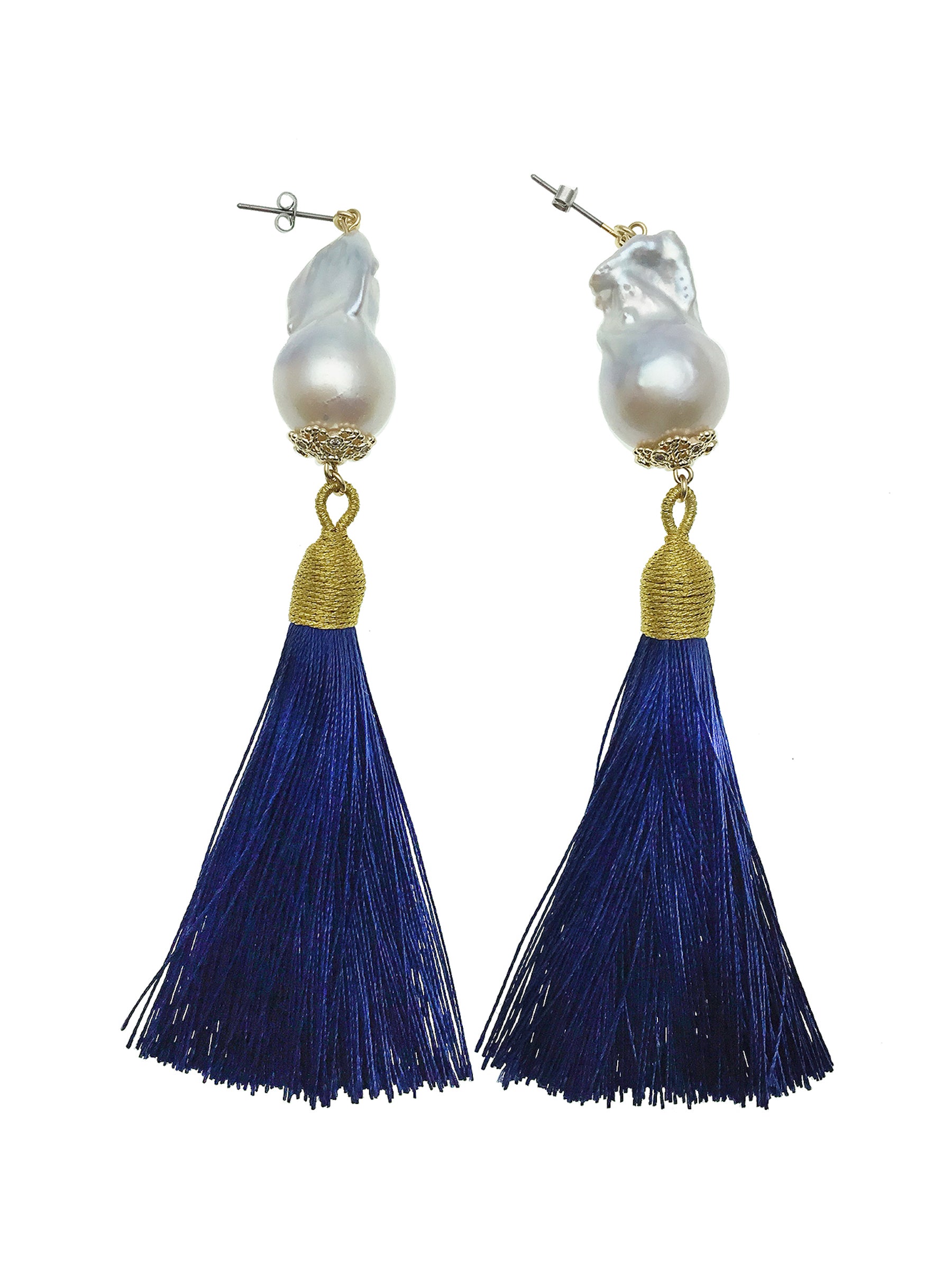 Baroque Pearls with Deep Blue Tassel Earrings CE001 - Handmade Vintage Style Jewelry for Women - Perfect for Weddings, Parties & Special Occasions