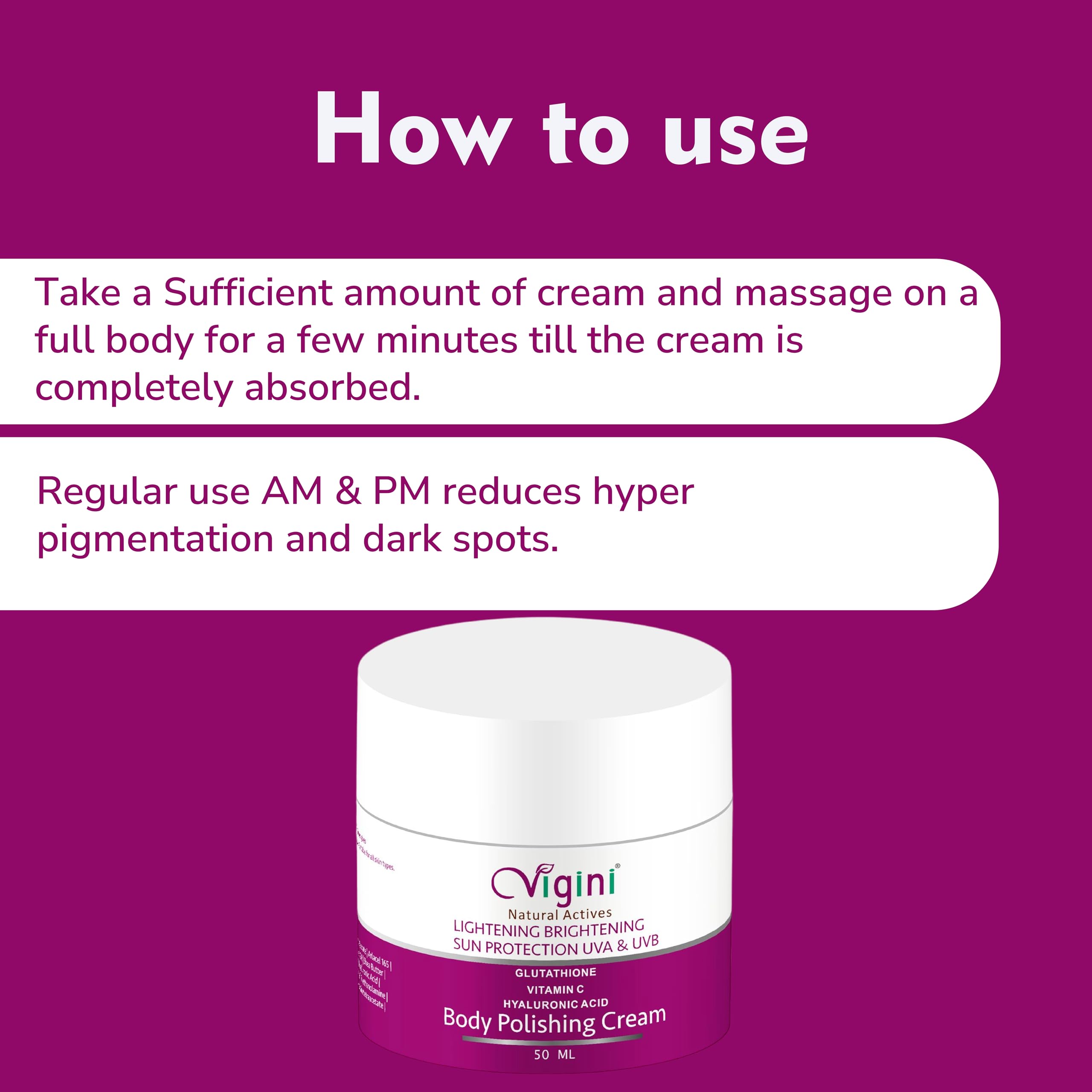 Vigini Vitamin C & Kojic Acid Brightening Body Cream - Dark Spot Corrector for Pigmentation, Uneven Skin Tone & Underarm Whitening - Glowing Moisturizer for Men & Women (50ml) - Perfect for Daily Skincare & Tan Removal