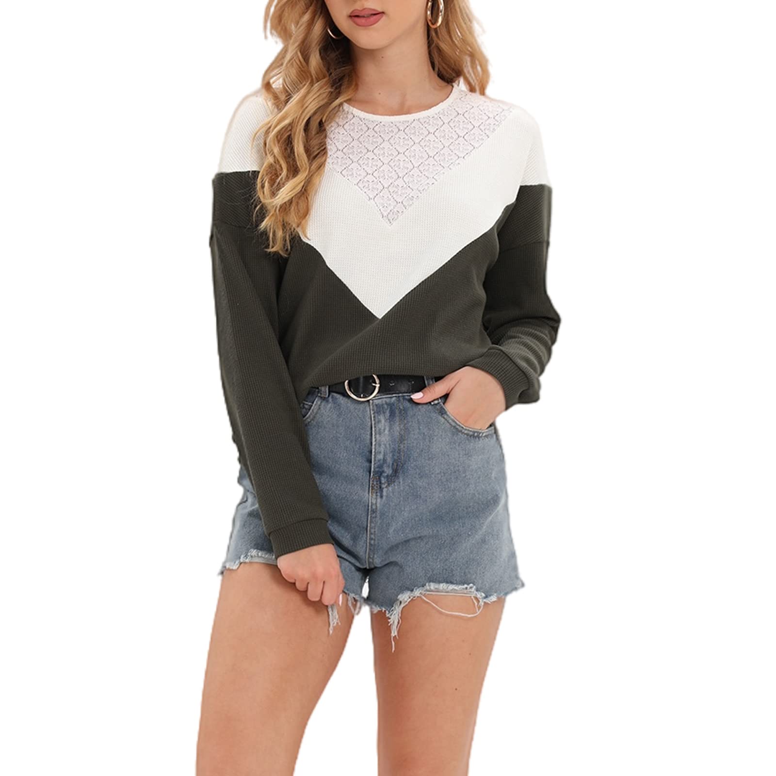 SUNNOW Women's Long Sleeve Lace Crew Neck Waffle Knit Pullover Top - Color Block Casual Loose Blouse for Work, Date Night & Fall Outfits