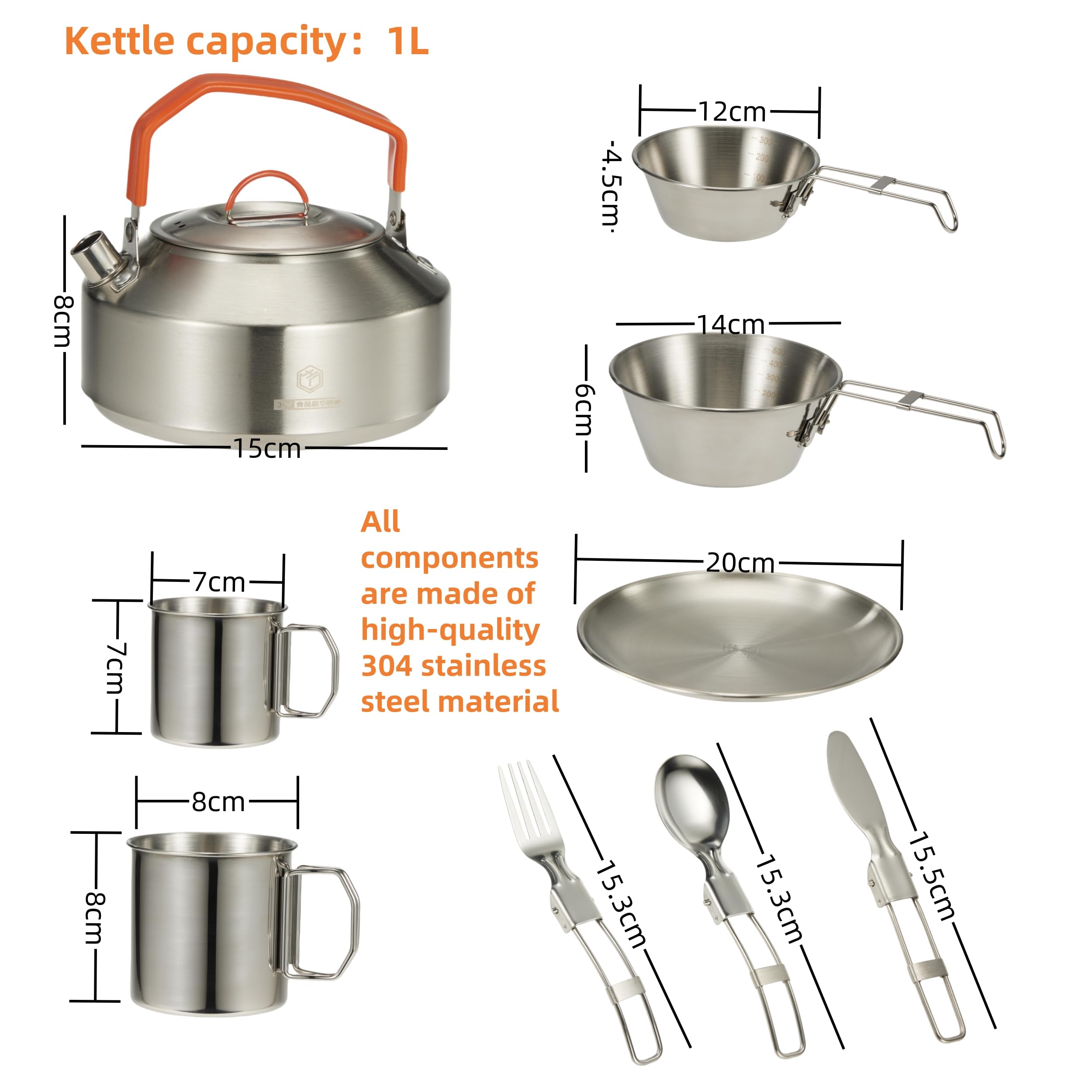 Premium 16-Piece Camping Cookware Set - 304 Stainless Steel Pots, Pans, Kettle with Storage Bag | Complete Kit with Plates, Bowls & Utensils (Knives, Forks, Spoons) | Compact & Durable for Outdoor Camping, Hiking, Picnics & Indoor Kitchen Use