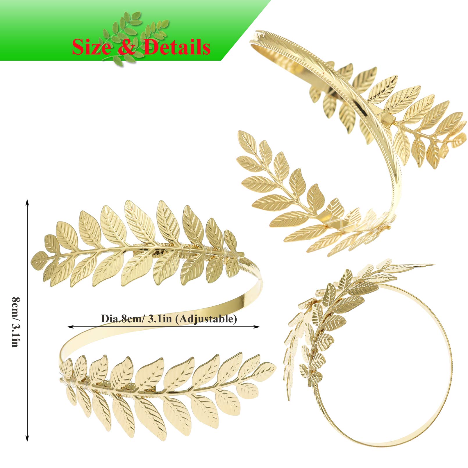 RechicGu 2-Pack Adjustable Leaf Cuff Bracelet Set - Roman Greek Style Armlet Jewelry for Women | Perfect for Weddings, Christmas, Costume Parties & Boho Fashion