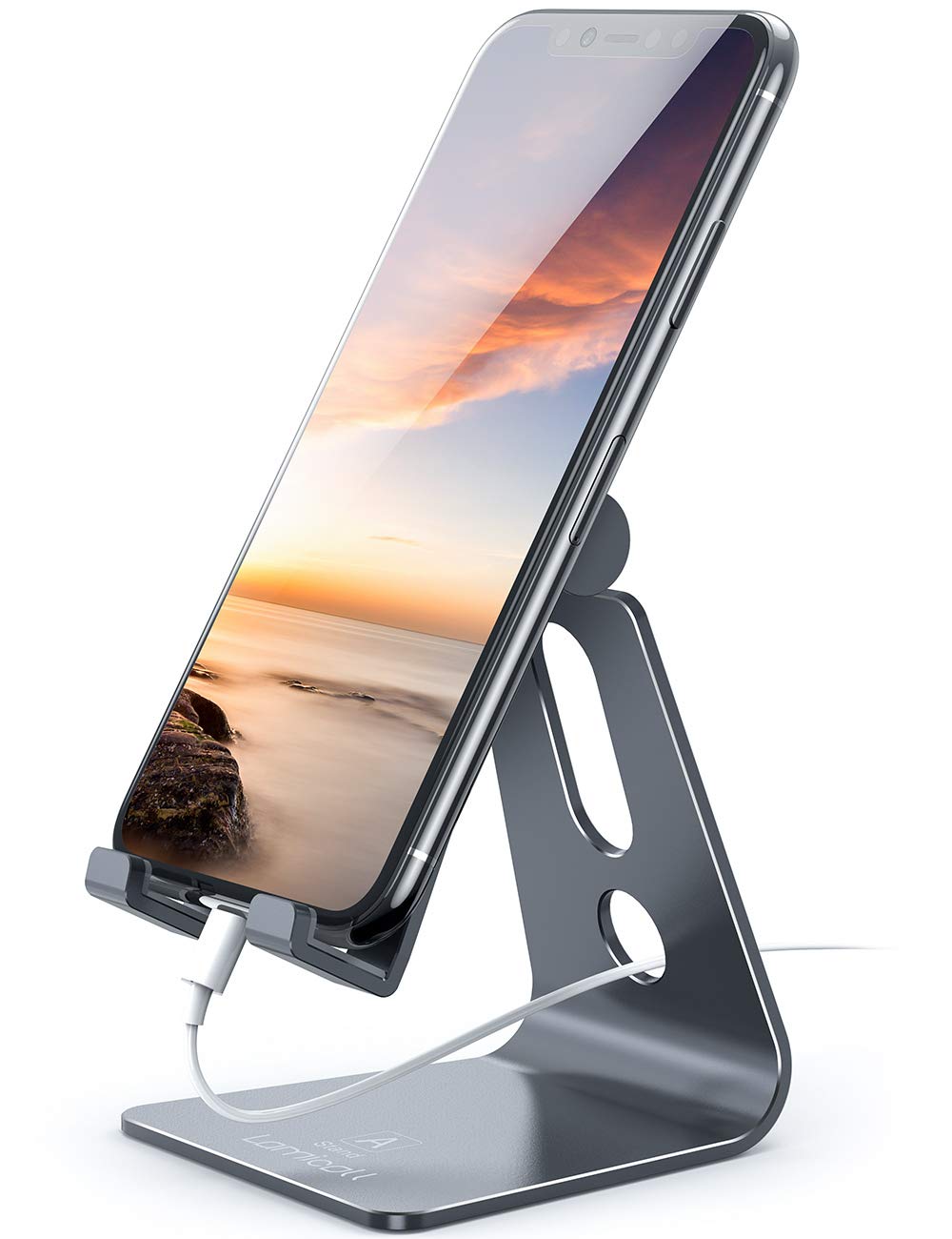 Lamicall Adjustable Phone Stand - Compatible with iPhone 12/11/X/8/7 - Gray Desktop Holder for Charging & Viewing