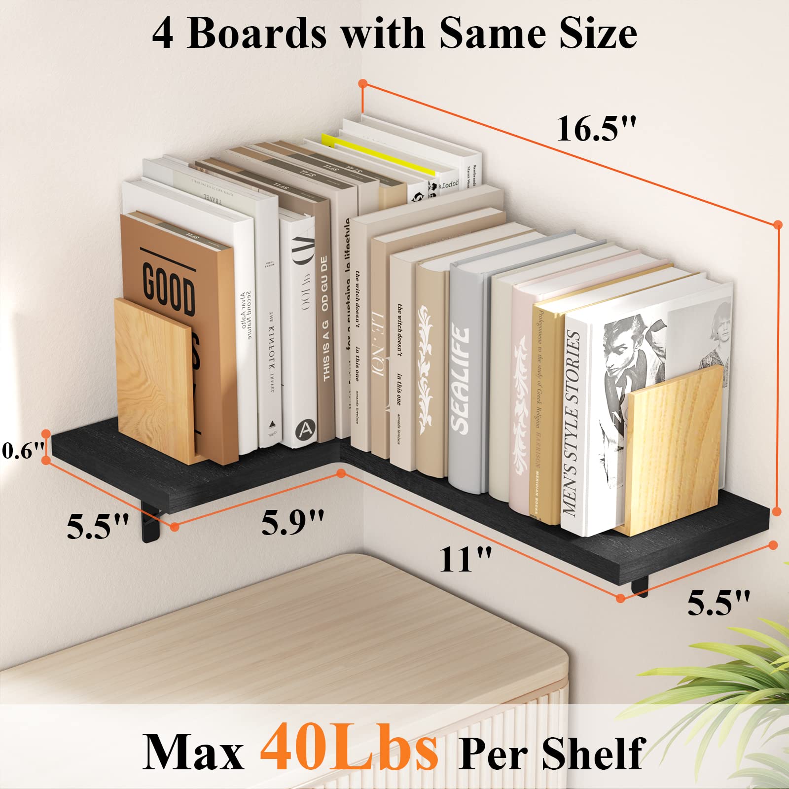 Love-KANKEI Floating Corner Shelf Set of 4 - Rustic Wall Mounted Storage Shelves for Bathroom, Kitchen, Bedroom & Living Room - Black Wooden Display Shelves for Home Decor & Organization