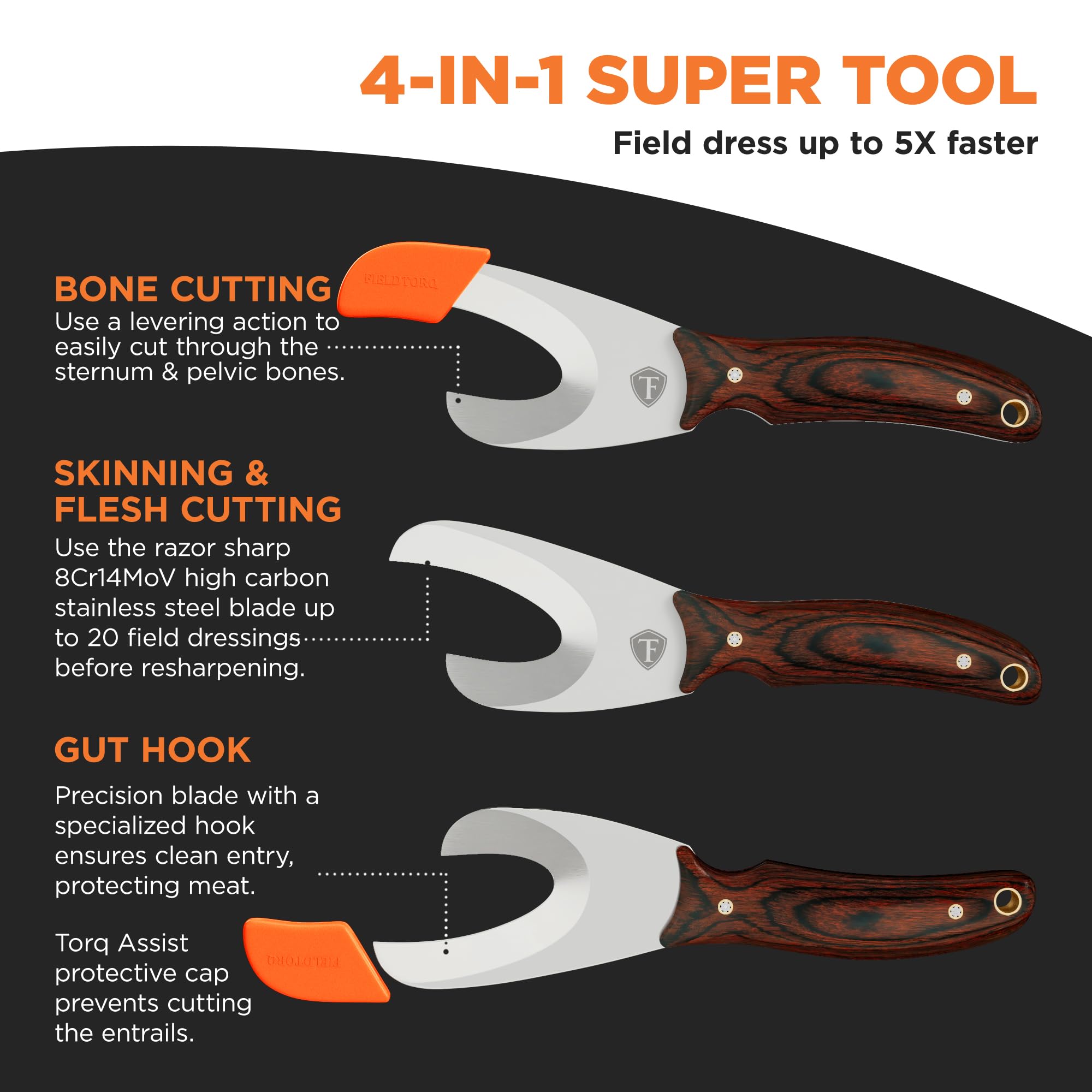 4-in-1 Hunting Field Dressing Kit with Skinning Knife, Gut Hook, Sheath & Sharpener | Premium Pakkawood Deer Hunting Knife Set | Perfect for Outdoor Hunting, Camping & Wilderness Survival