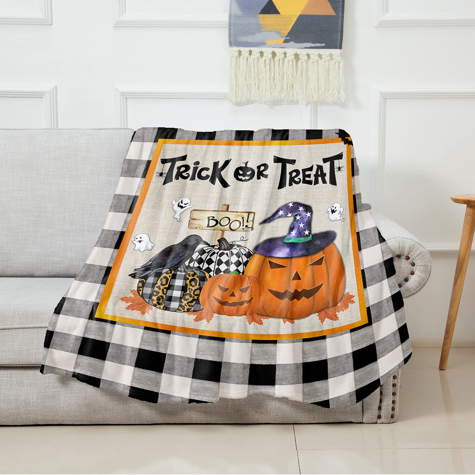Halloween Pumpkin Raven Throw Blanket - Soft Flannel Fleece Microfiber Blanket for Trick or Treat Gifts, Black Checkered Burlap Textured Bed Throw (40x50 inches) - Perfect for Sofa, Couch, Bedroom, and Camping