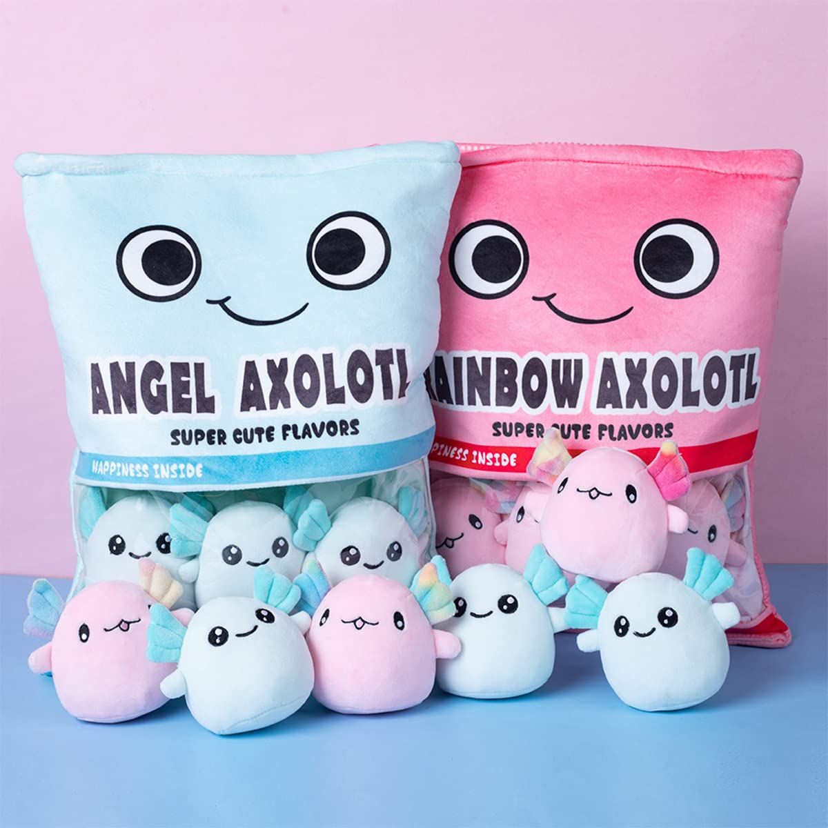 ARELUX Soft Pink Axolotl Plush Pillow Set - 6PCS Cute Stuffed Salamander Plushie with Removable Bag | Perfect for Kids' Room Decor, Birthday Gifts & Cozy Home Accessories