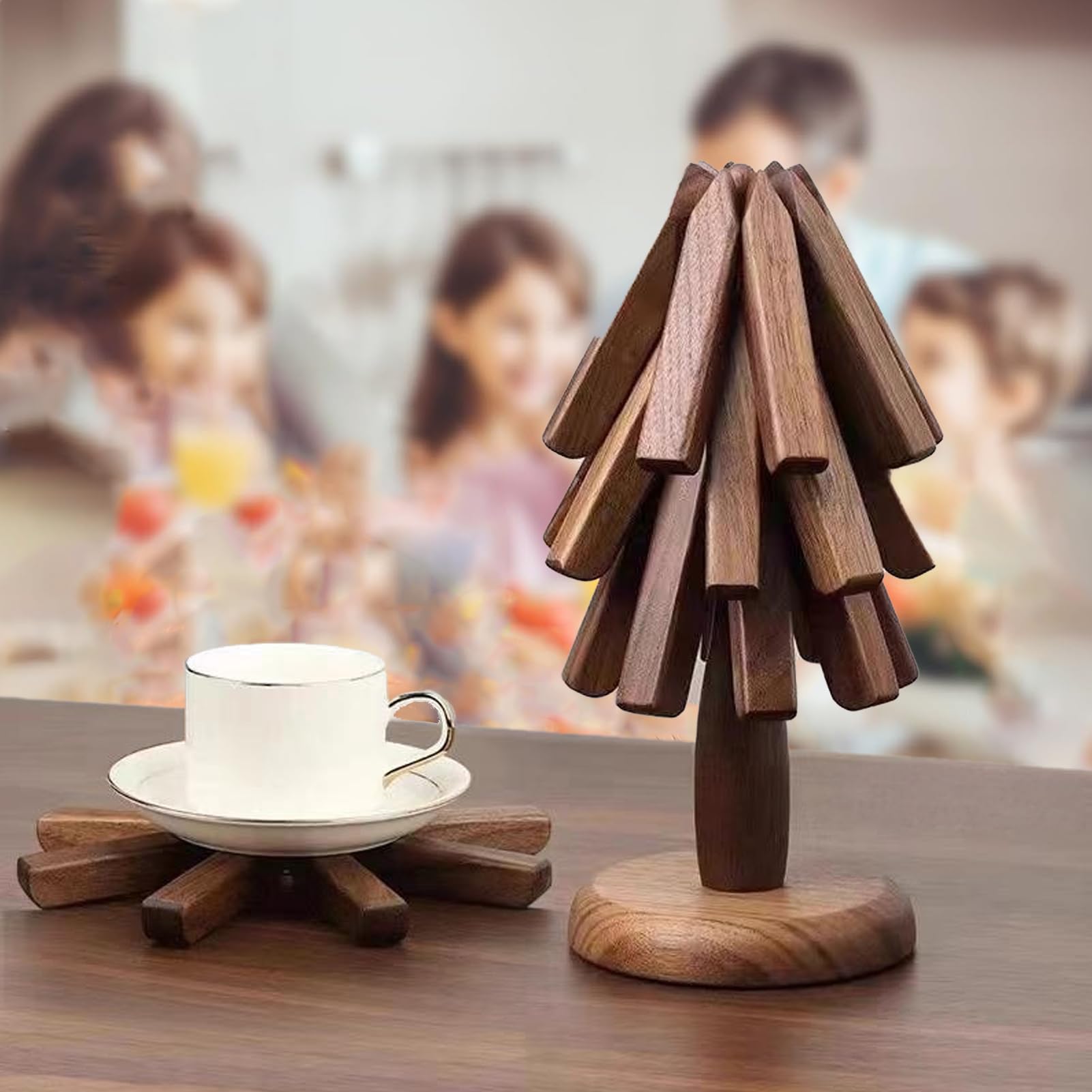 Wooden Tree Coasters & Trivets Set - 4pcs for Hot Pots & Pans (Walnut) - Perfect for Dining & Kitchen Protection