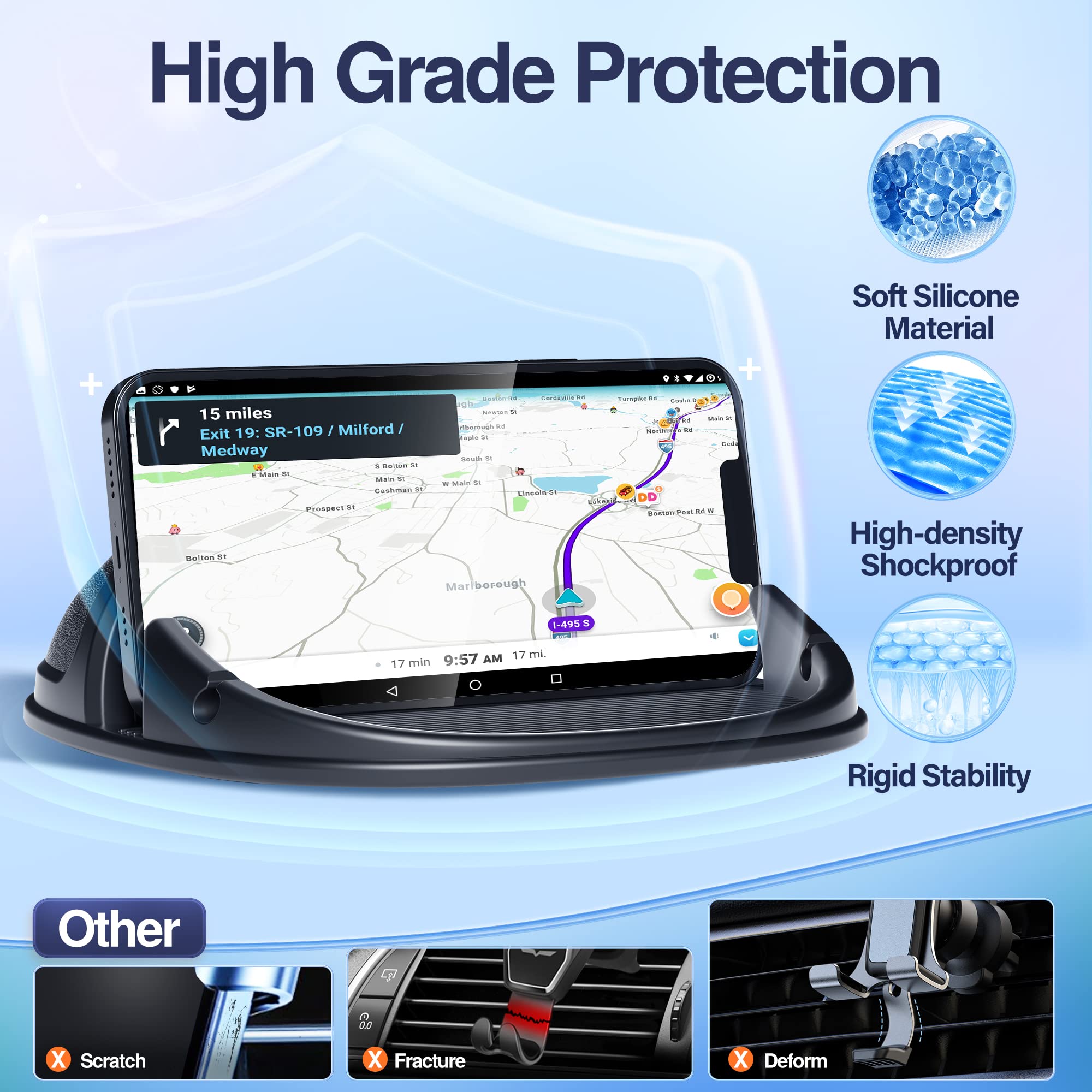 Loncaster Universal Car Phone Holder - Non-Slip Silicone Dashboard Phone Mount for iPhone, Samsung & Android - Secure Phone Stand for Car, Desk & Travel - Perfect for Commuting, Road Trips & GPS Navigation (Black)