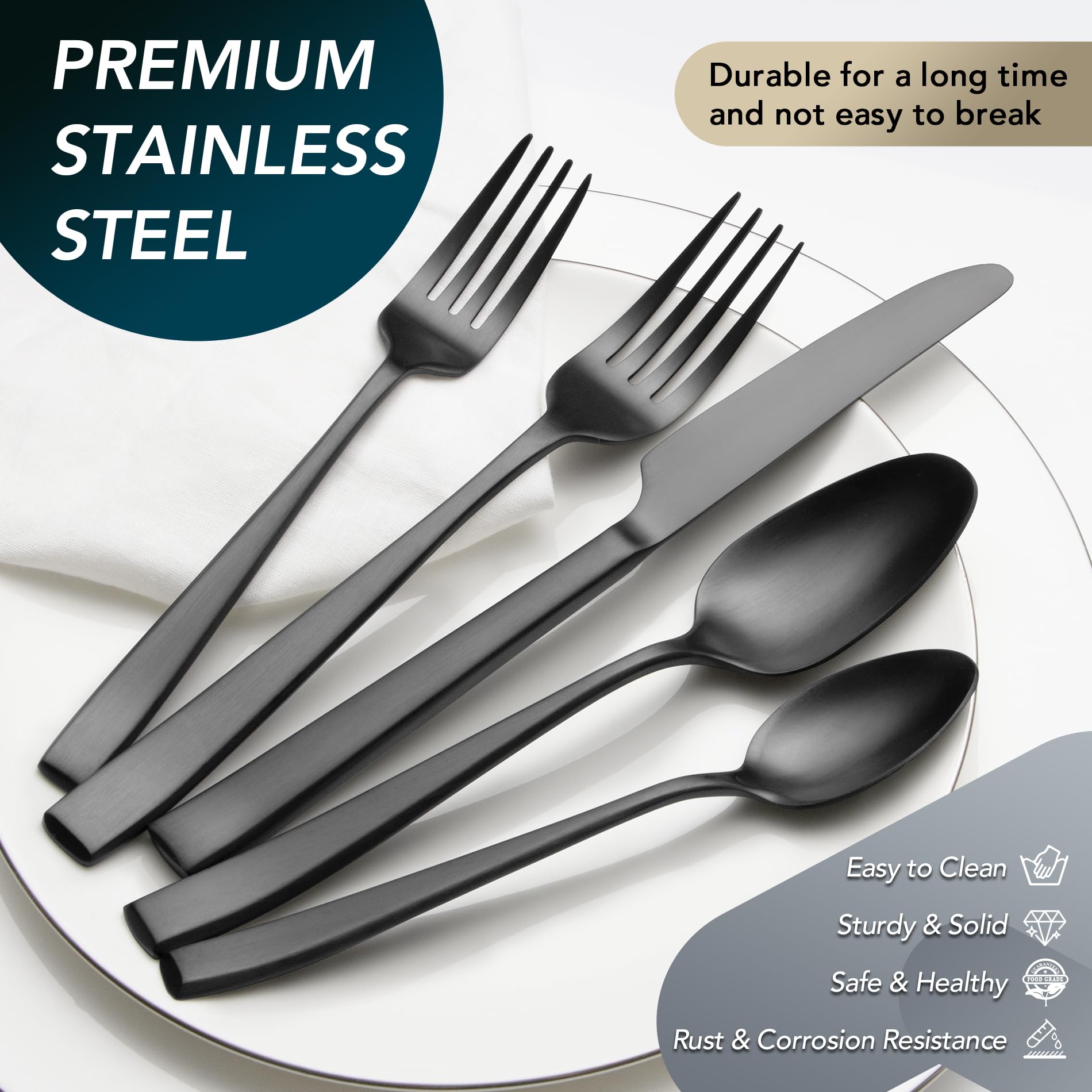 EIUBUIE 40-Piece Matte Black Silverware Set - Premium Stainless Steel Flatware Cutlery Set for 8 (Forks, Spoons, Knives) - Elegant Kitchen Utensils for Dinner Parties, Restaurants & Home Dining