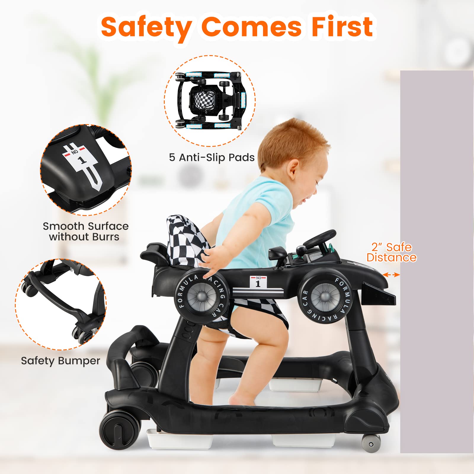 HONEY JOY 4-in-1 Baby Walker with Adjustable Height & Speed | Foldable Push Walker with Music, Lights & Padded Seat | Smooth Wheels for Boys & Girls 6+ Months (Black) | Perfect for Learning to Walk & Indoor Playtime