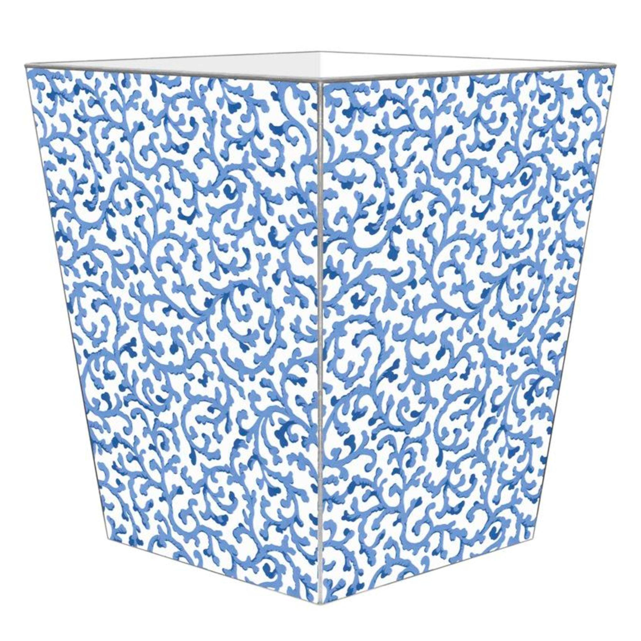 Blue Waverly Scroll Wastepaper Basket with Optional Tissue Box Cover - Elegant Home Office & Bedroom Trash Can for Paper Waste