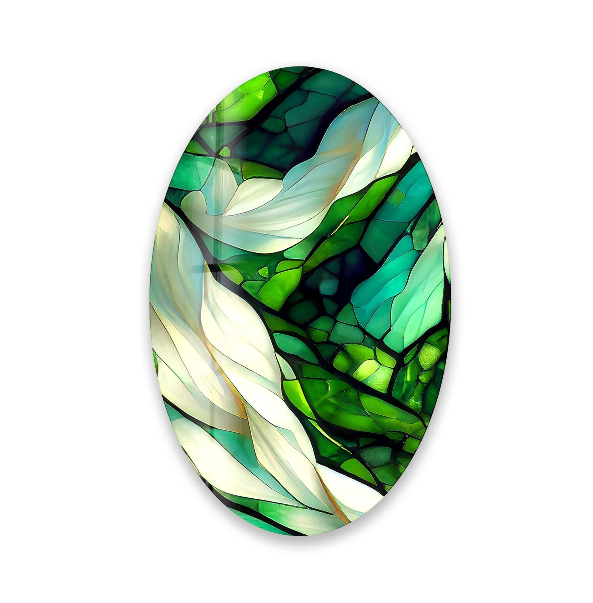 Handmade Asymmetric Oval Stained Green Fractal Glass Wall Art - Modern Abstract Home Decor for Living Room, Bedroom & Office