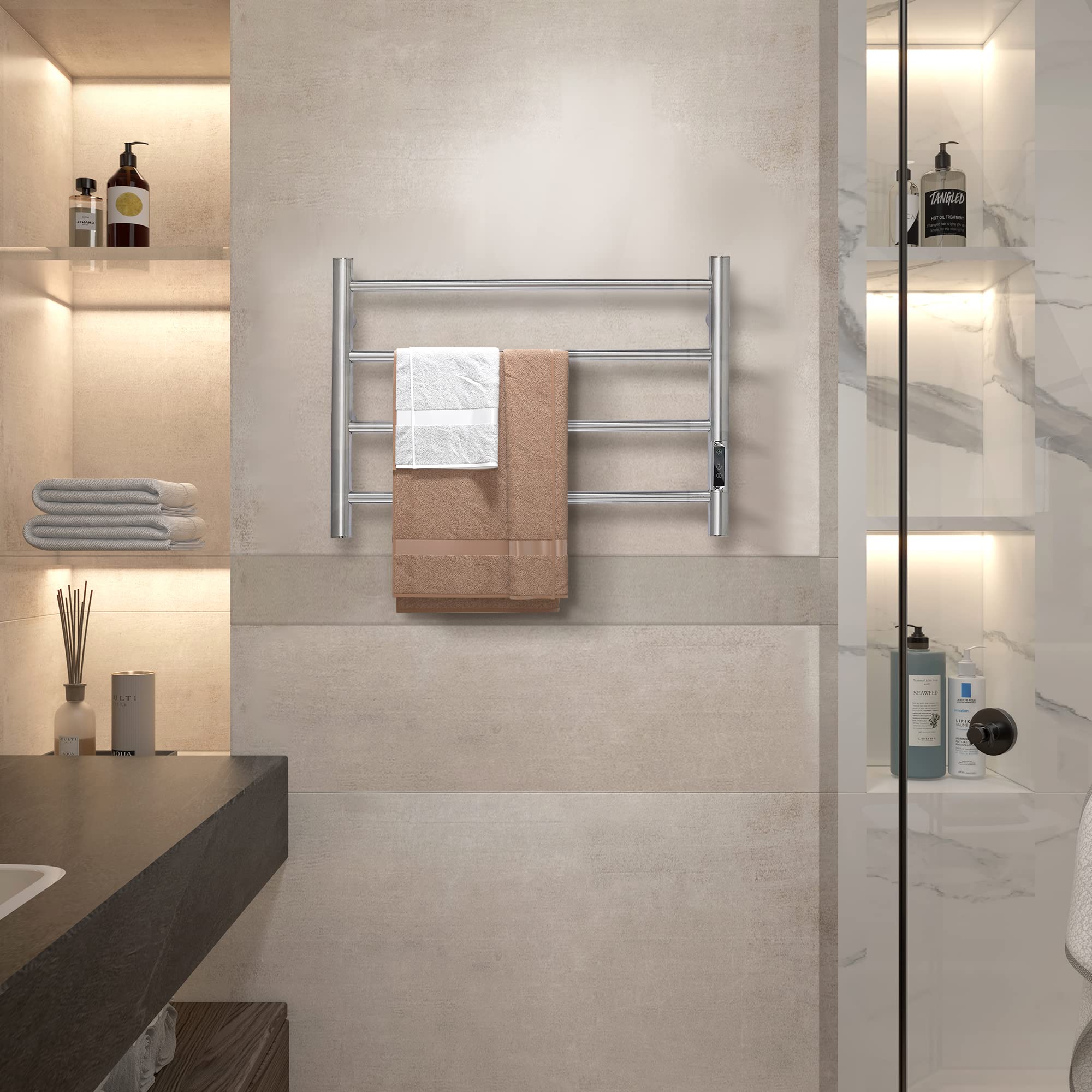 ETW29 Electric Towel Warmer with Timer - Brushed Stainless Steel Wall Mounted Bathroom Heated Towel Rack - Perfect for Spa, Luxury Bathrooms & Cold Weather Comfort