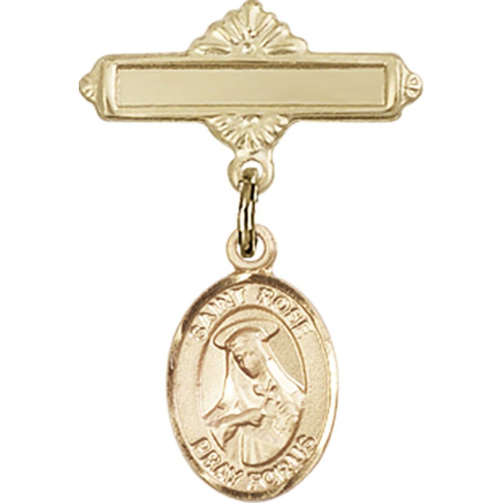 St. Rose of Lima Gold Filled Baby Badge Charm - 1 X 5/8 Inch Polished Pin for Jewelry Making, Baby Keepsakes & Religious Gifts