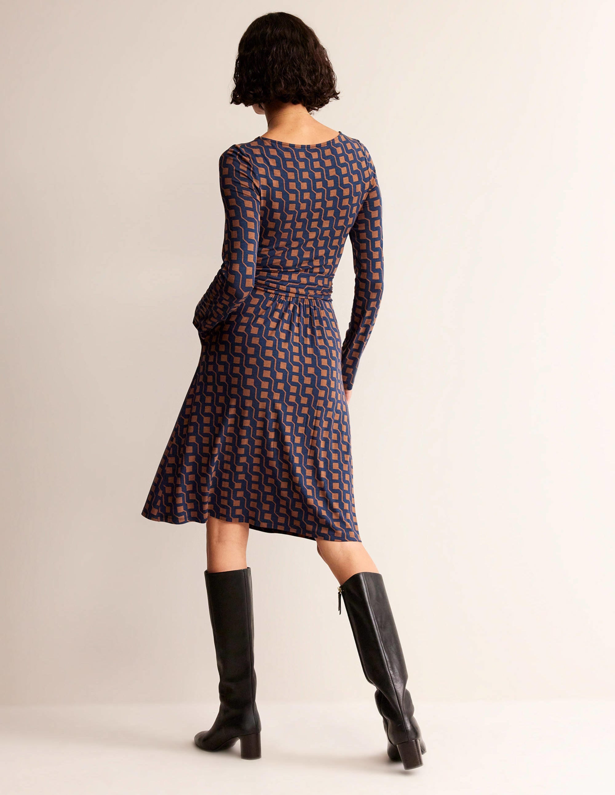 Abigail Jersey Dress in Cognac Brown - Stylish Cube Geo Print for Women | Perfect for Casual Outings, Office Wear & Date Nights