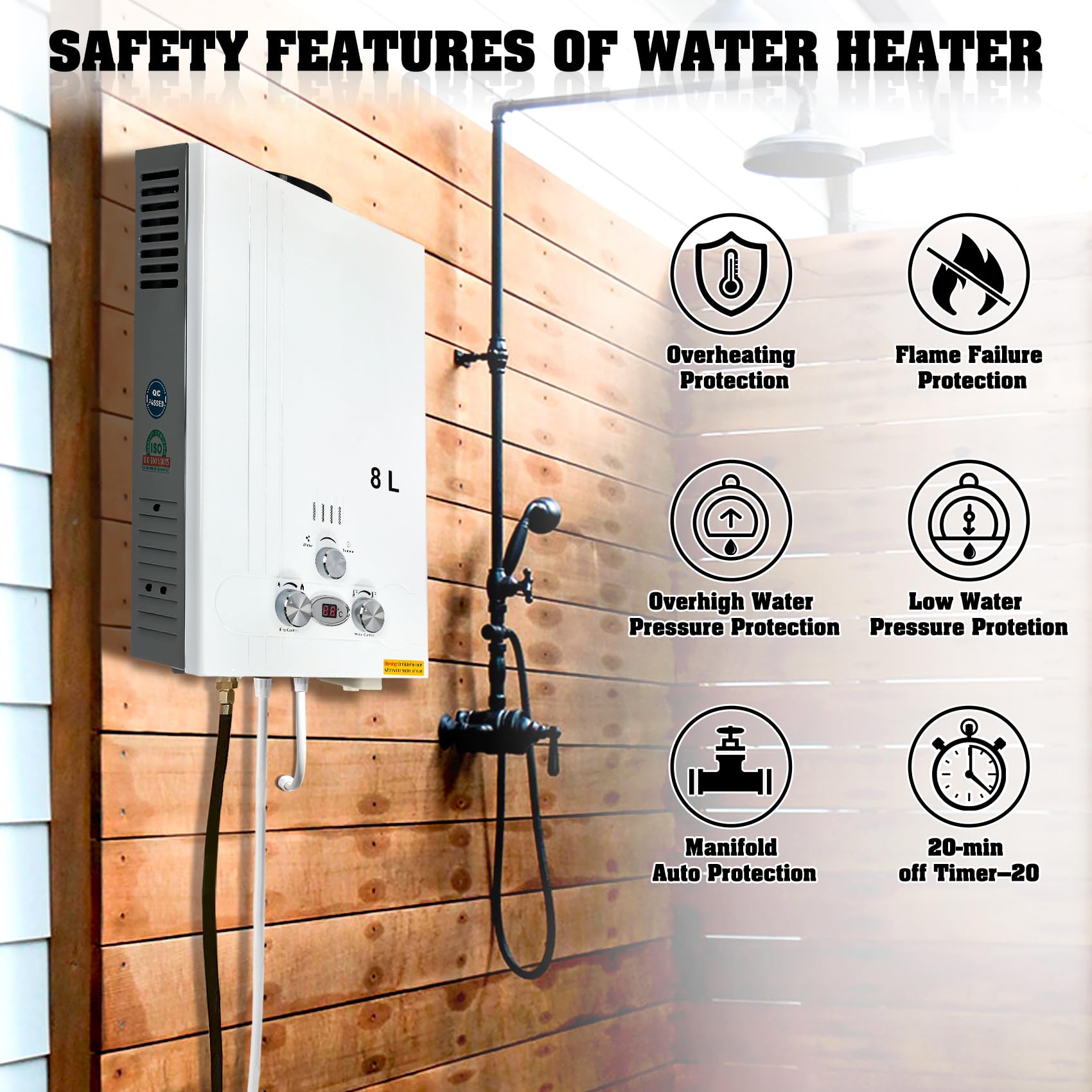 TENGCHANG 8L LPG Propane Tankless Water Heater - Instant Hot Water Boiler with Shower for Camping, RV & Outdoor Use