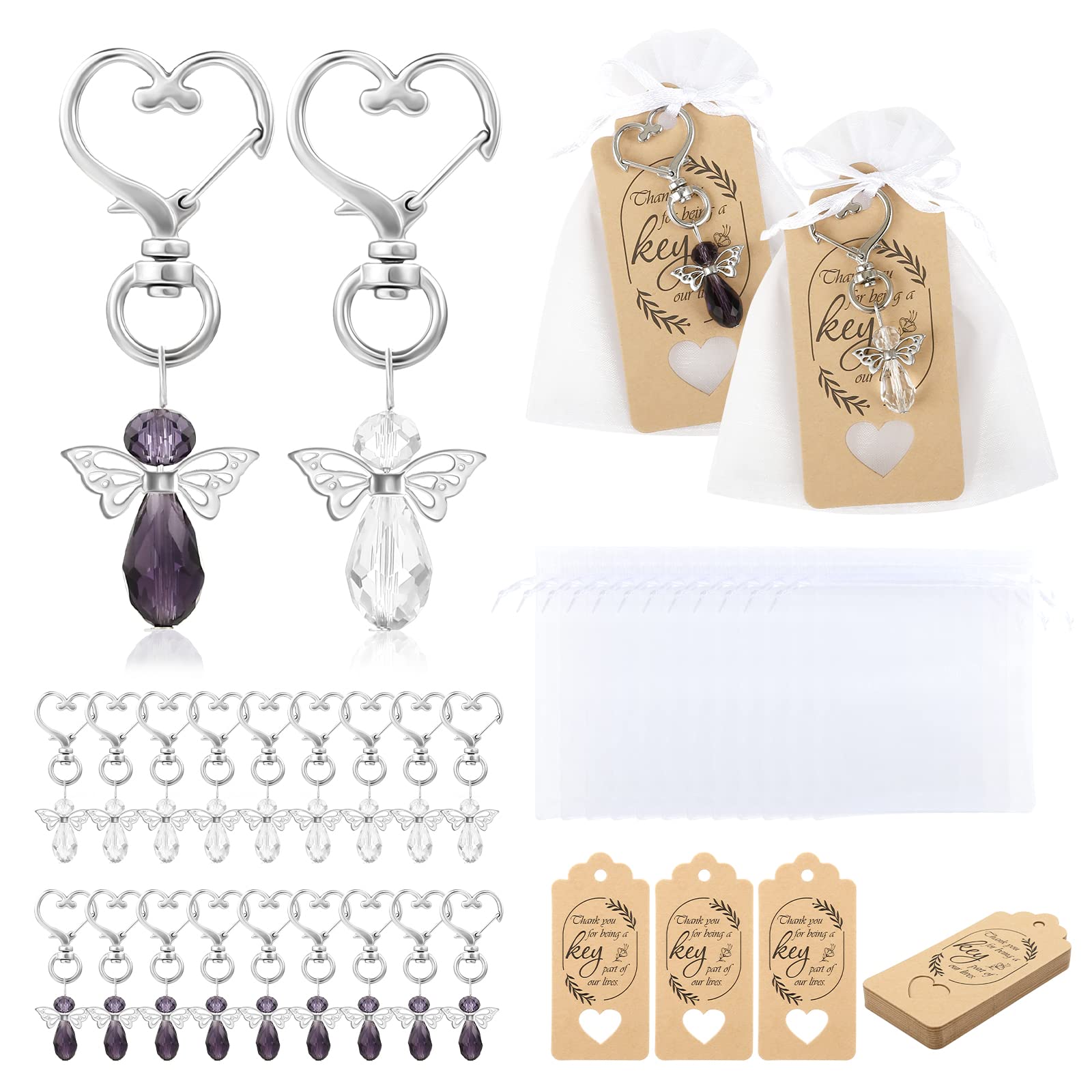 GWHOLE Angel Keychain Set - Elegant Organza Gift Bags & Thank You Favor Tags - Perfect for Wedding Favors, Baby Showers, Birthday Party Giveaways & Return Gifts