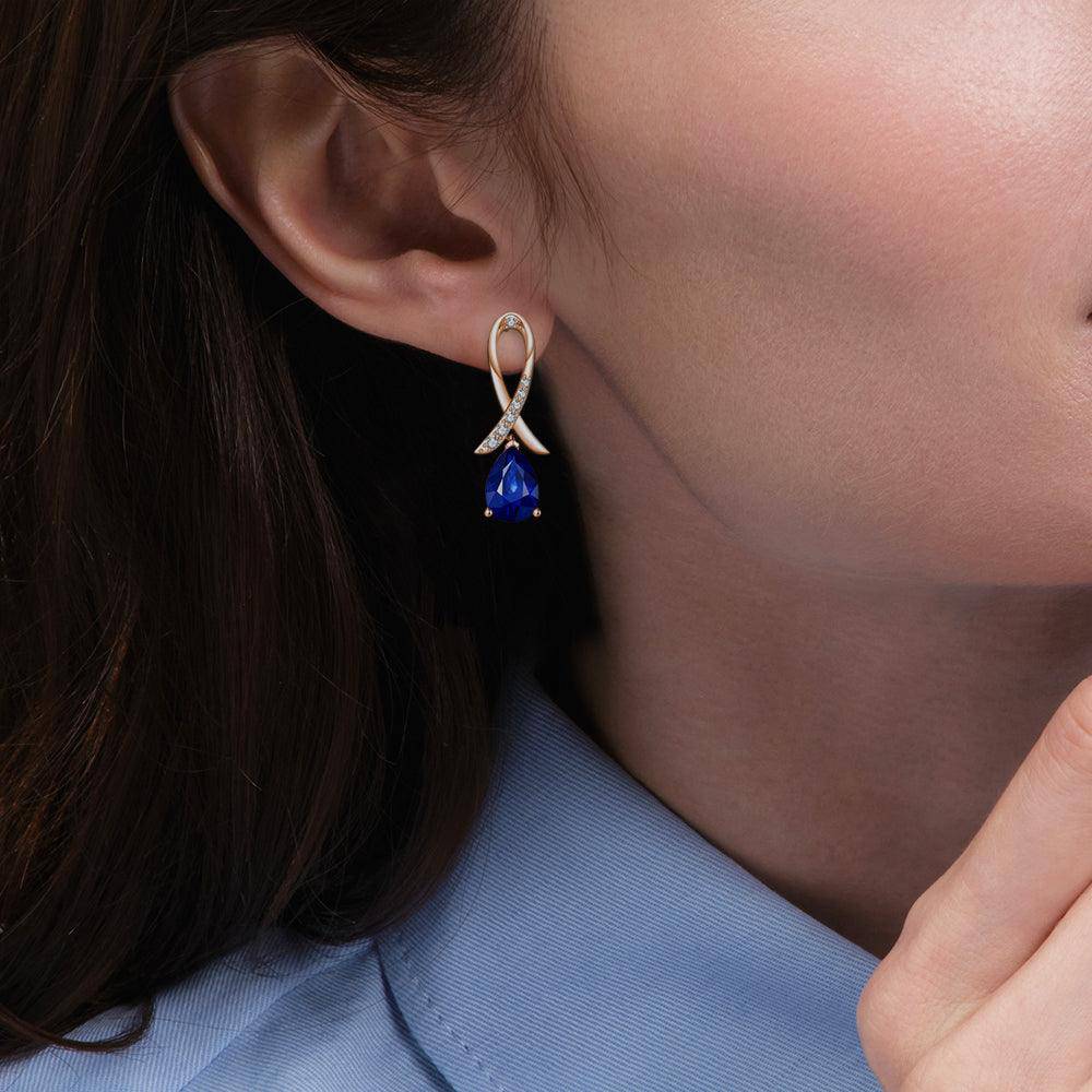 Blue Sapphire Stud Earrings for Women - 14K Gold Plated Pavé Ribbon Design - Perfect for Weddings, Parties & Special Occasions