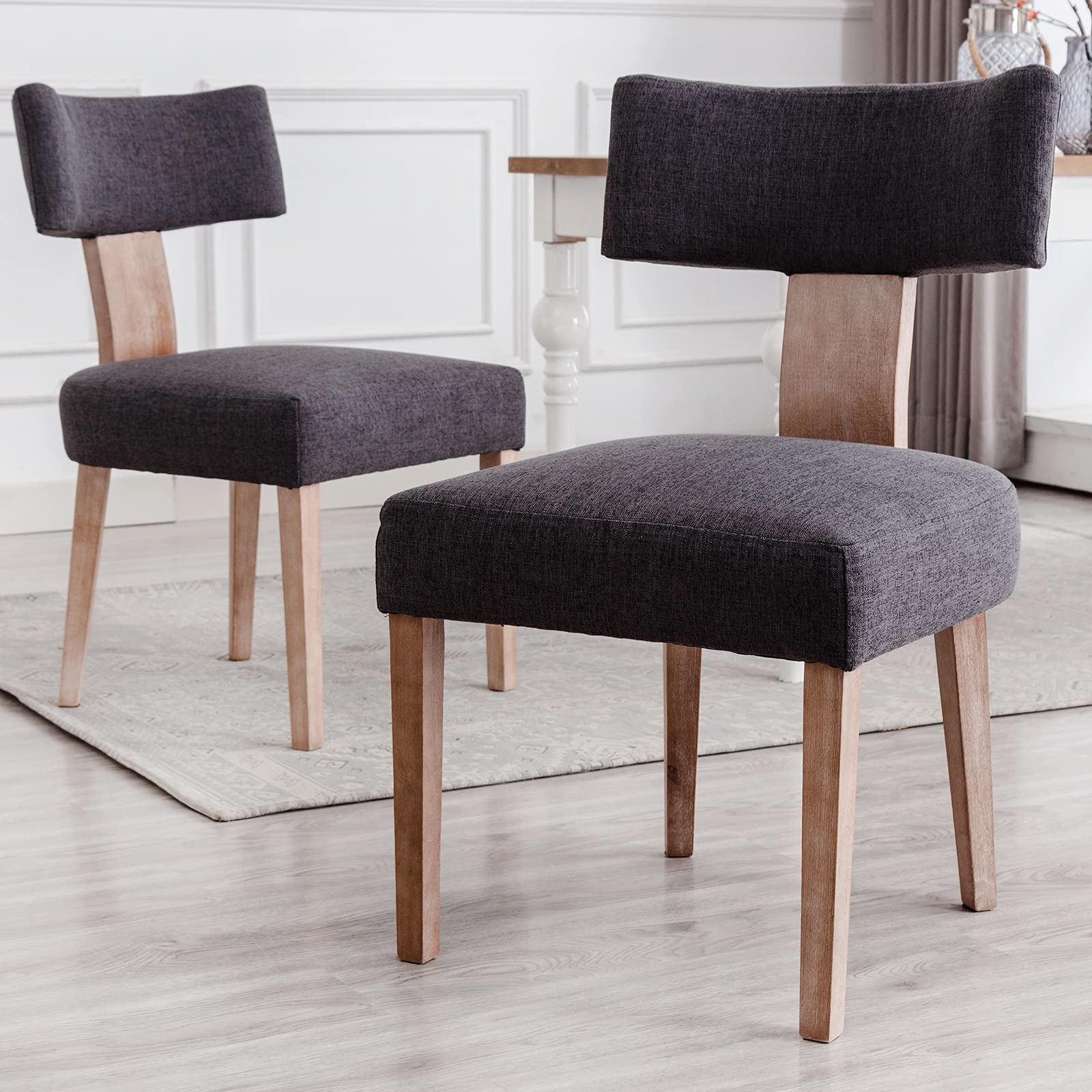 Wahson Farmhouse Kitchen & Dining Room Chairs Set of 2 - Retro Linen Upholstered Dining Chairs with Sturdy Hardwood Legs in Charcoal | Perfect for Farmhouse, Cottage & Vintage Style Dining Rooms, Breakfast Nooks & Kitchen Islands