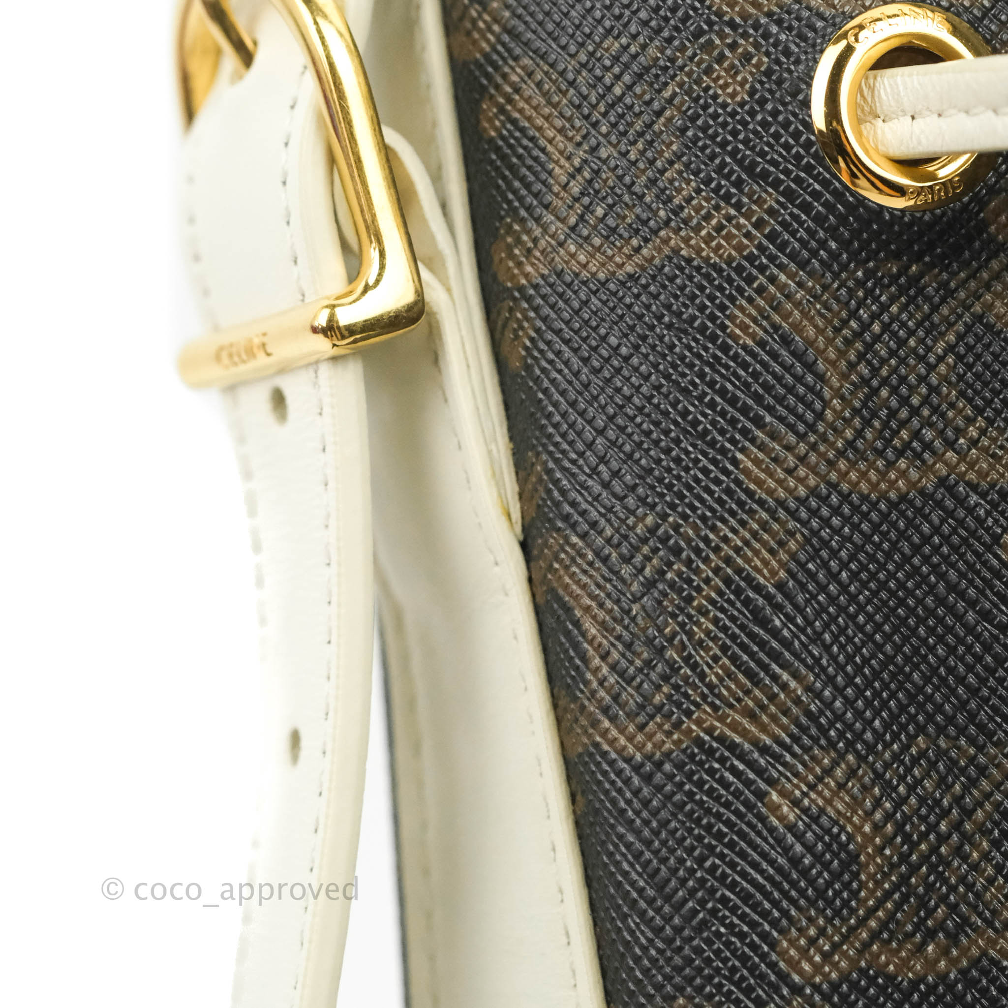Celine Small Drawstring Bag Triomphe Canvas White Calfskin Leather Crossbody Purse for Women | Luxury Designer Handbag for Everyday Use & Special Occasions