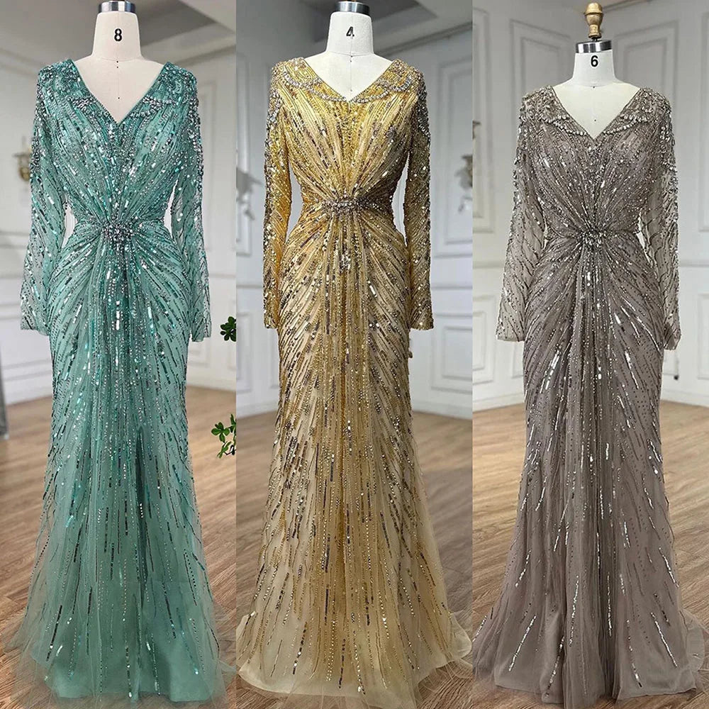 Luxury Designer Arabic Turquoise Mermaid Evening Gown with High Slit - LA72007 for Prom, Wedding, and Formal Events