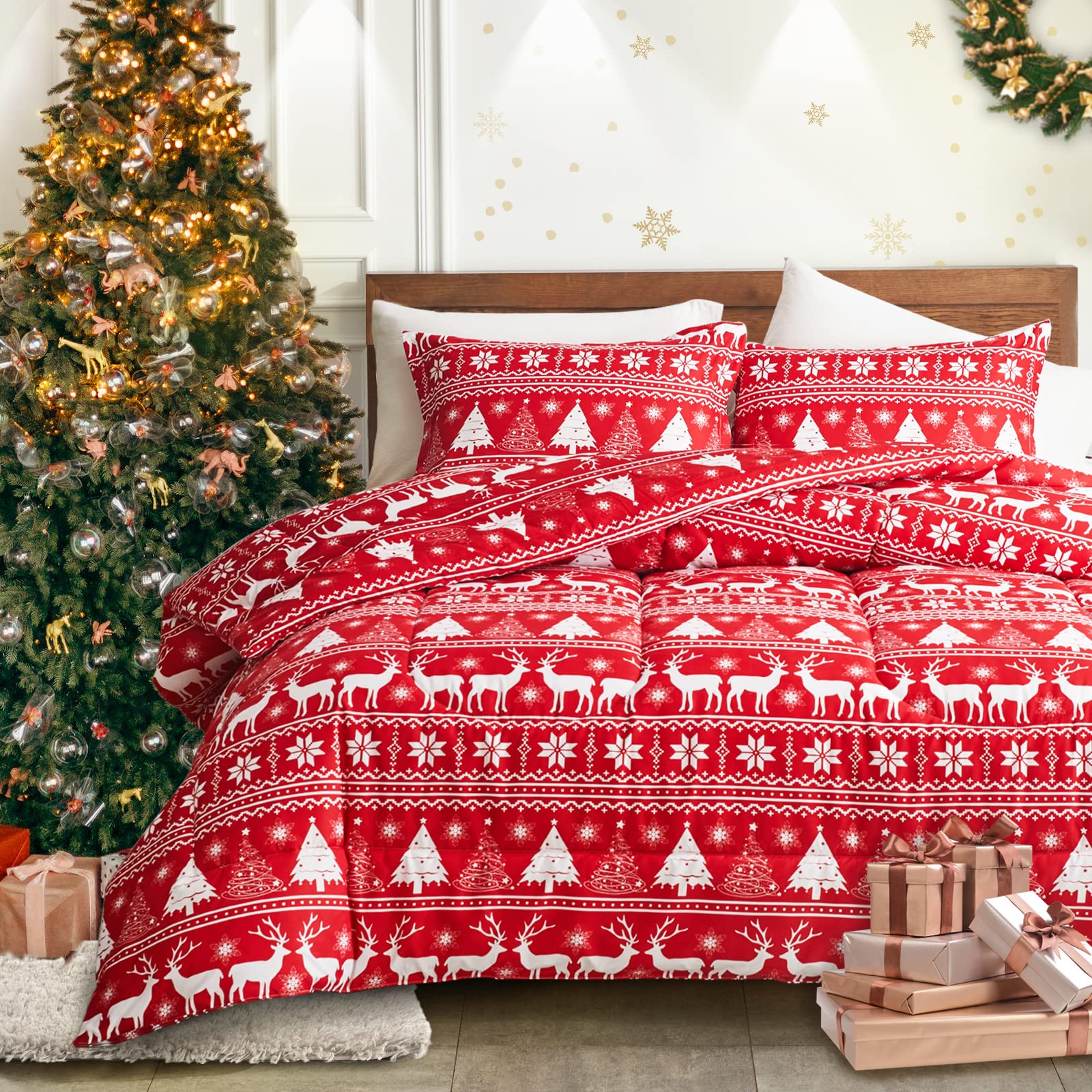 Red and White Snowflake Deer Christmas Comforter Set - Twin Size Reversible Down Alternative Duvet Cover 800 TC - Holiday Bedding for Christmas & New Year Gifts - Perfect for Winter Bedrooms, Guest Rooms & Seasonal Decor