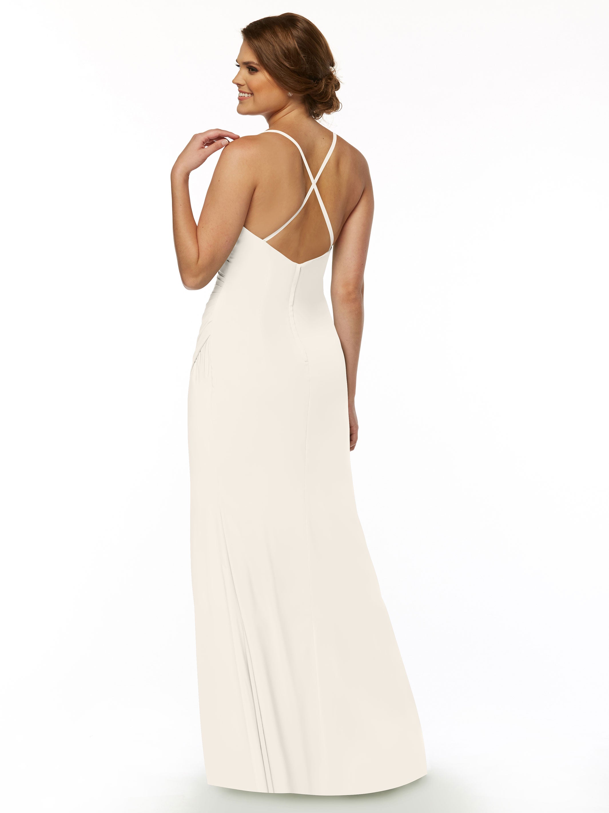 Elegant 80114 Stretch Chiffon Sheath Bridesmaid Dress with Ruching & High Slit - Perfect for Weddings, Formal Events & Evening Parties